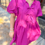 Braylynn Magenta Bow Puff Sleeve Dress-Dresses-Entro-Peachy Keen Boutique, Women's Fashion Boutique, Located in Cape Girardeau and Dexter, MO