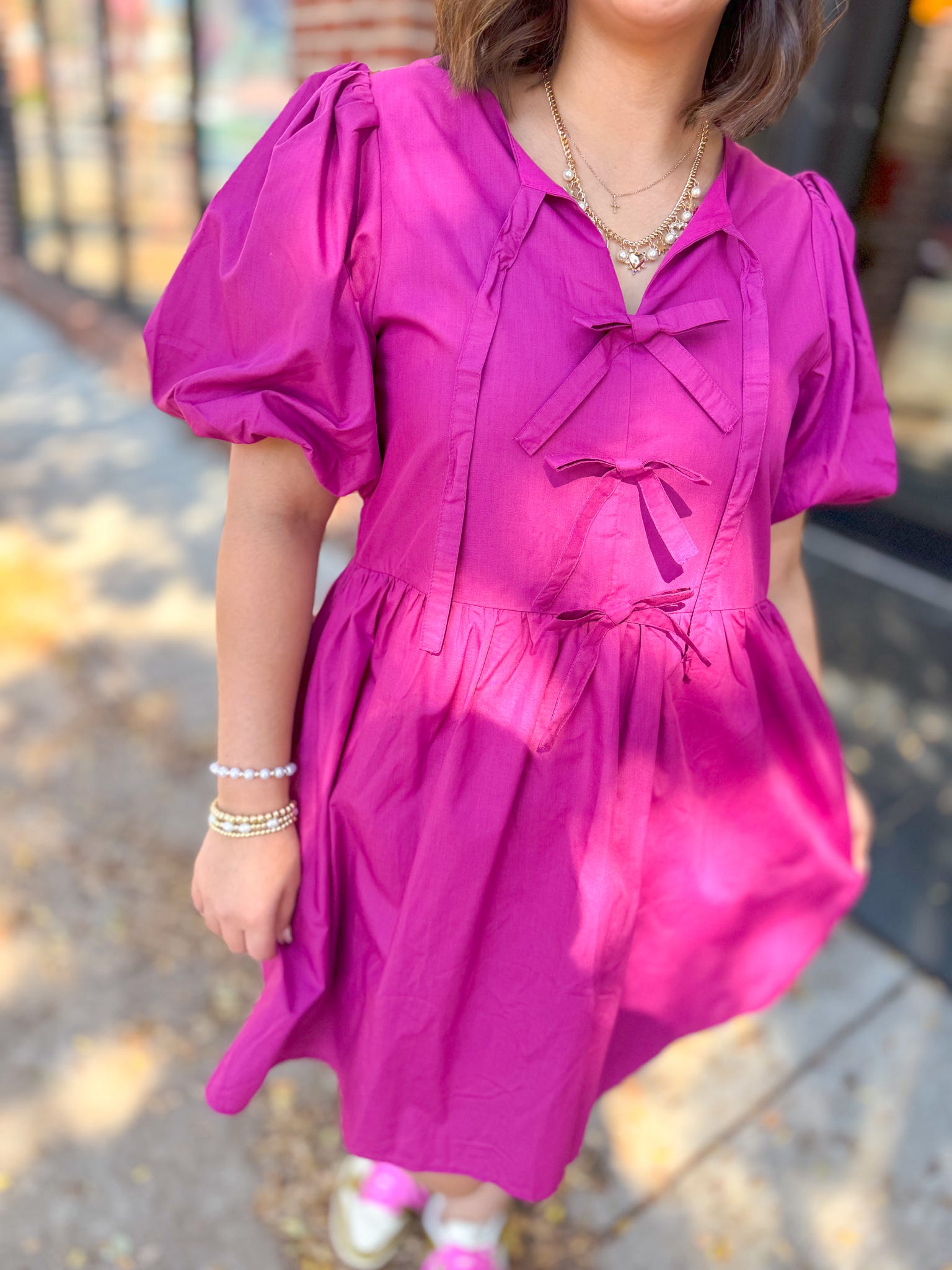 Braylynn Magenta Bow Puff Sleeve Dress-Dresses-Entro-Peachy Keen Boutique, Women's Fashion Boutique, Located in Cape Girardeau and Dexter, MO