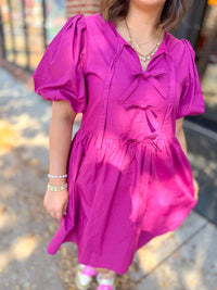 Braylynn Magenta Bow Puff Sleeve Dress-Dresses-Entro-Peachy Keen Boutique, Women's Fashion Boutique, Located in Cape Girardeau and Dexter, MO