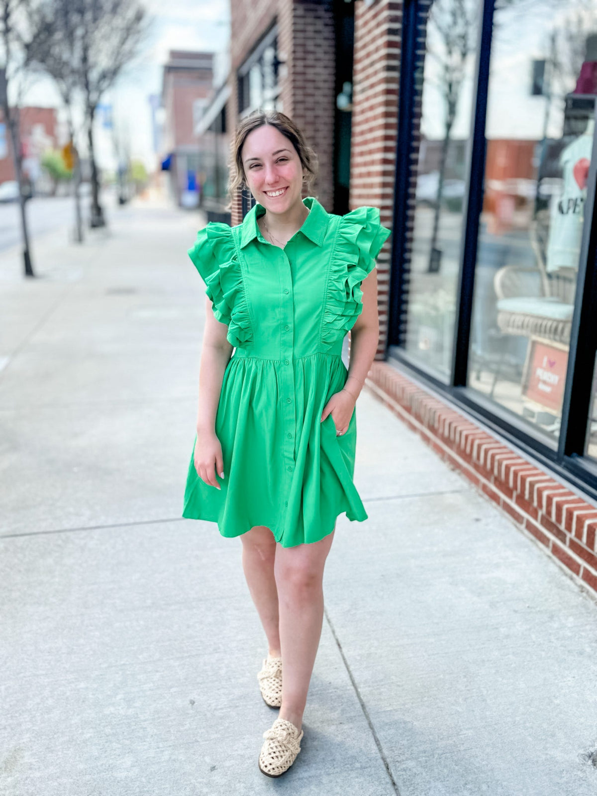 Green Ruffle Button Down Dress-181 Casual Dress-Entro-Peachy Keen Boutique, Women's Fashion Boutique, Located in Cape Girardeau and Dexter, MO