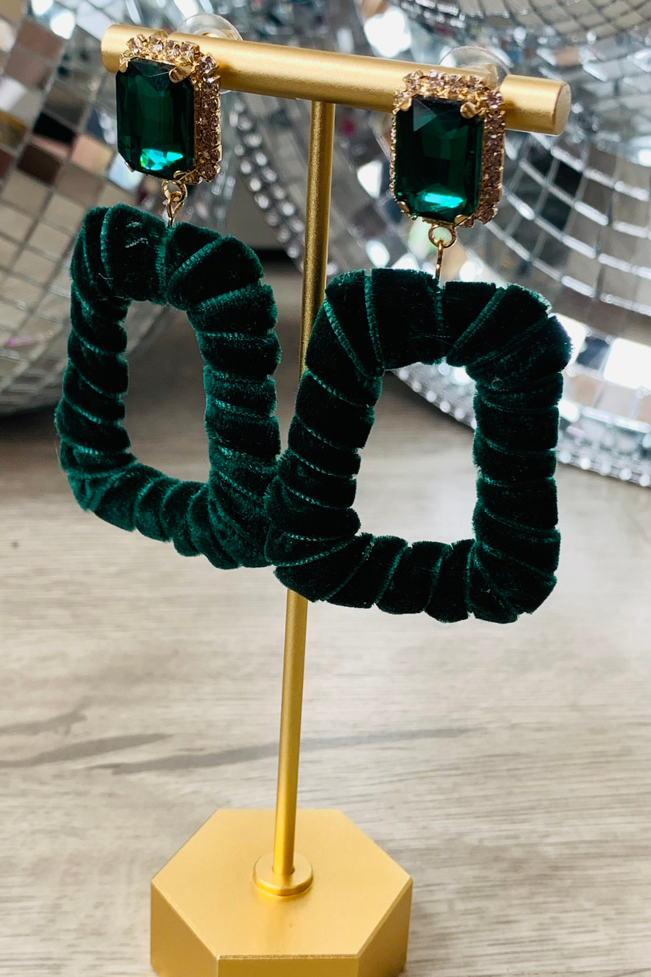 Taylor Velvet Rhinestone Earrings, Emerald-Jewelry - Earrings-Qingdao Dadongsheng Jewelry Co.-Peachy Keen Boutique, Women's Fashion Boutique, Located in Cape Girardeau and Dexter, MO