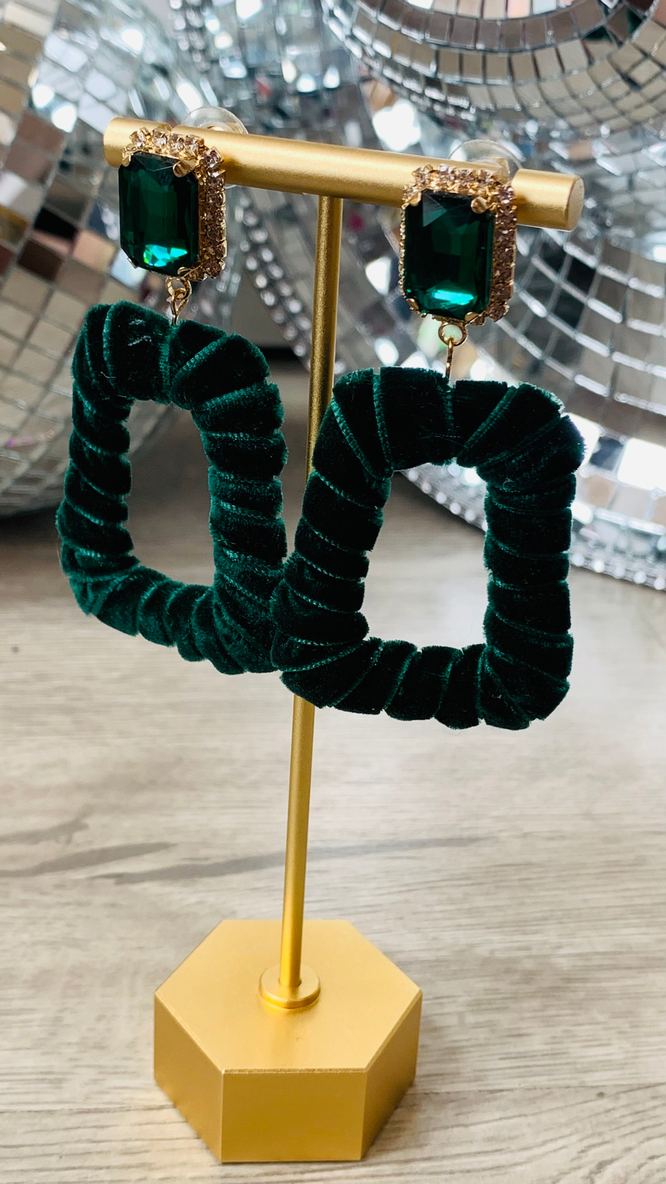 Taylor Velvet Rhinestone Earrings, Emerald-Jewelry - Earrings-Qingdao Dadongsheng Jewelry Co.-Peachy Keen Boutique, Women's Fashion Boutique, Located in Cape Girardeau and Dexter, MO