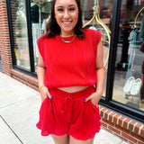 Trina Pleated Red Shorts-Bottoms - Shorts-Day + Moon-Peachy Keen Boutique, Women's Fashion Boutique, Located in Cape Girardeau and Dexter, MO