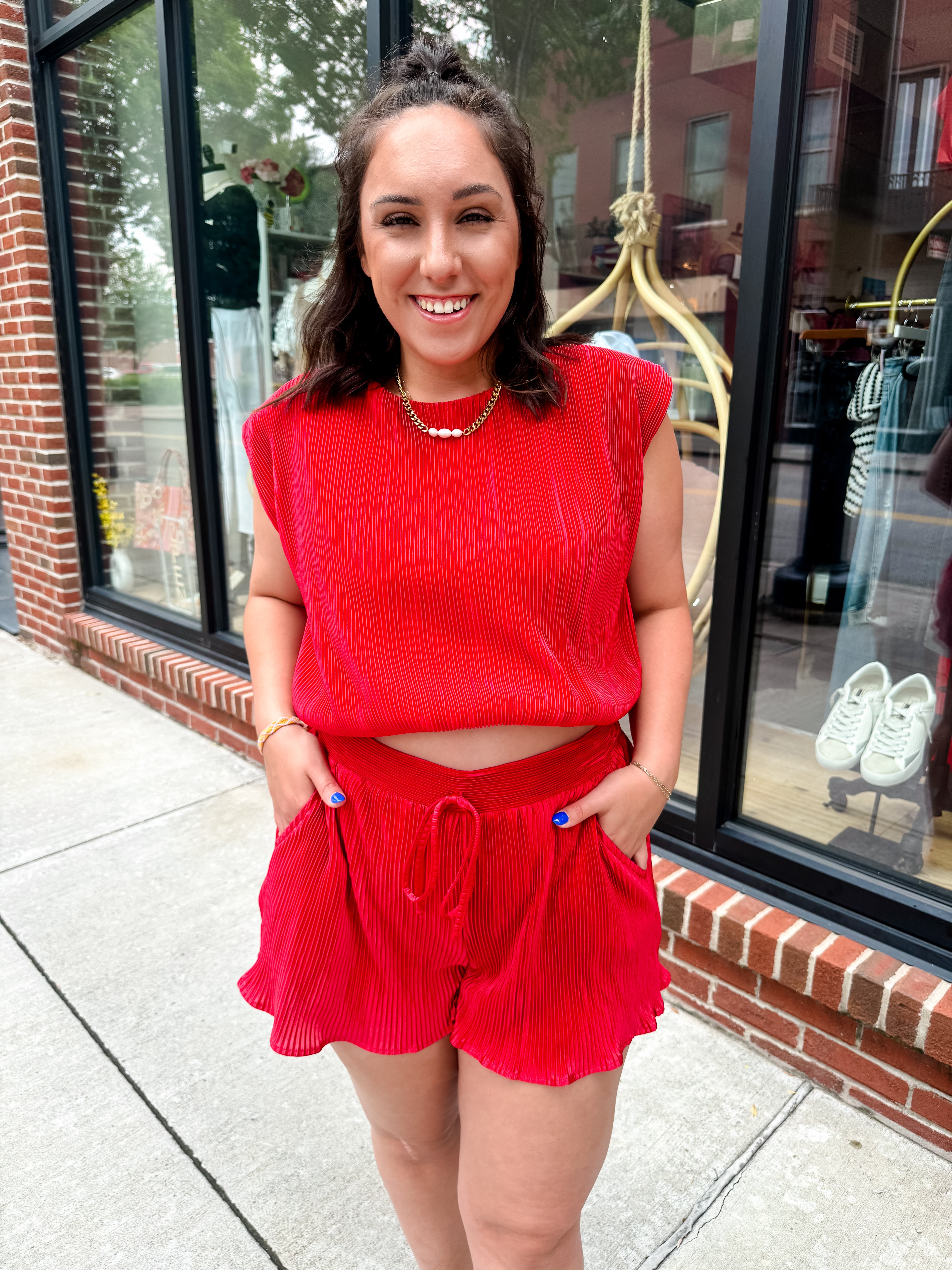 Trina Pleated Red Shorts-Bottoms - Shorts-Day + Moon-Peachy Keen Boutique, Women's Fashion Boutique, Located in Cape Girardeau and Dexter, MO