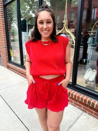 Trina Pleated Red Shorts-Shorts-Day + Moon-Peachy Keen Boutique, Women's Fashion Boutique, Located in Cape Girardeau and Dexter, MO