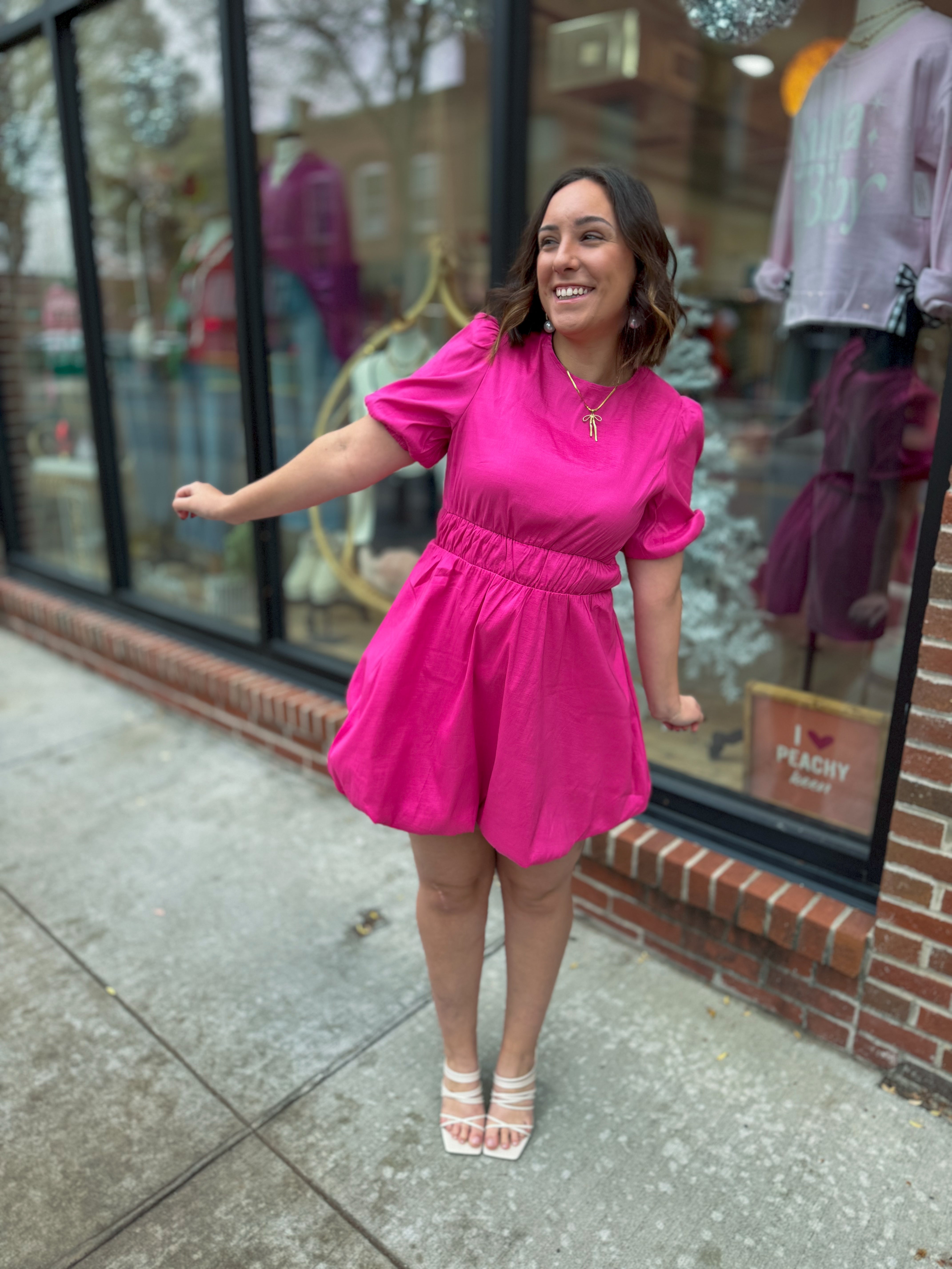 Hot Pink Bubble Hem Waisted Dress-Dresses-Very J-Peachy Keen Boutique, Women's Fashion Boutique, Located in Cape Girardeau and Dexter, MO