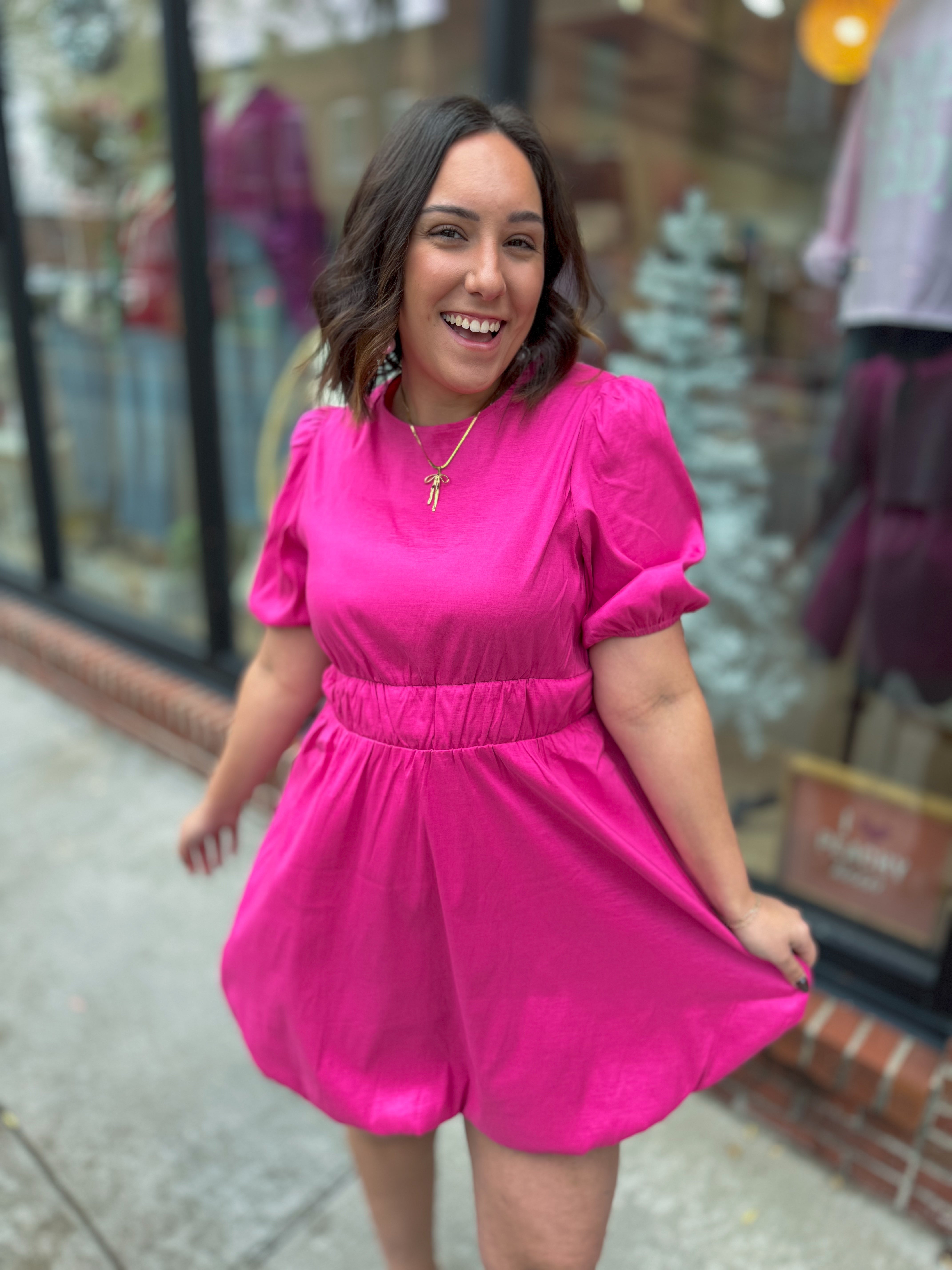 Hot Pink Bubble Hem Waisted Dress-Dresses-Very J-Peachy Keen Boutique, Women's Fashion Boutique, Located in Cape Girardeau and Dexter, MO