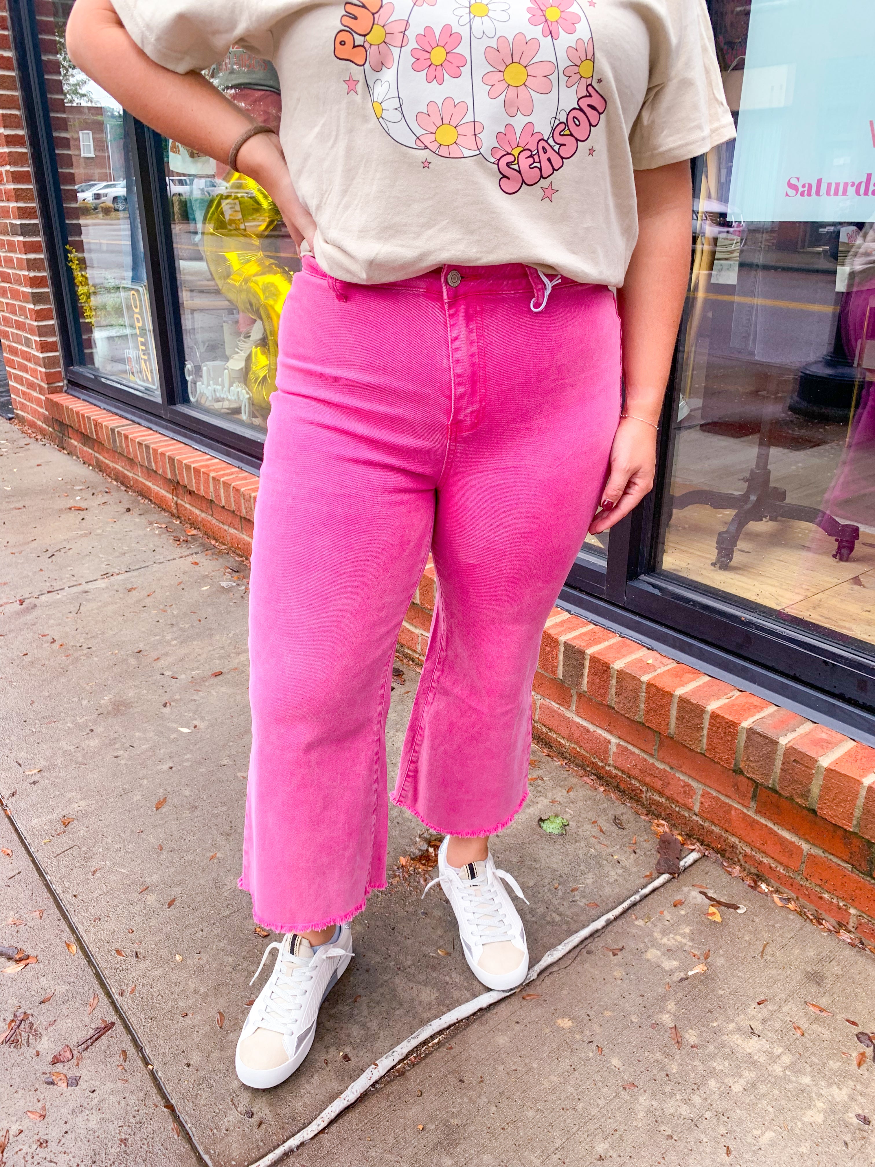 Hot Pink Distressed Hem Jeans-Bottoms - Denim-Zenana-Peachy Keen Boutique, Women's Fashion Boutique, Located in Cape Girardeau and Dexter, MO