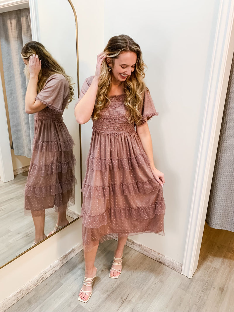 Dusty Rose Midi Smocking Tulle Ruffle Dress-short sleeve midi dress-BaeVely-Peachy Keen Boutique, Women's Fashion Boutique, Located in Cape Girardeau and Dexter, MO