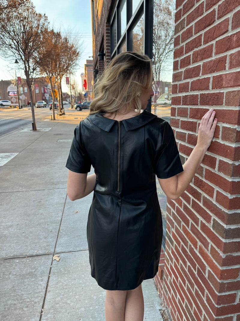 Black Leather Cup Sleeve Dress-short sleeve dress-Molly Bracken-Peachy Keen Boutique, Women's Fashion Boutique, Located in Cape Girardeau and Dexter, MO