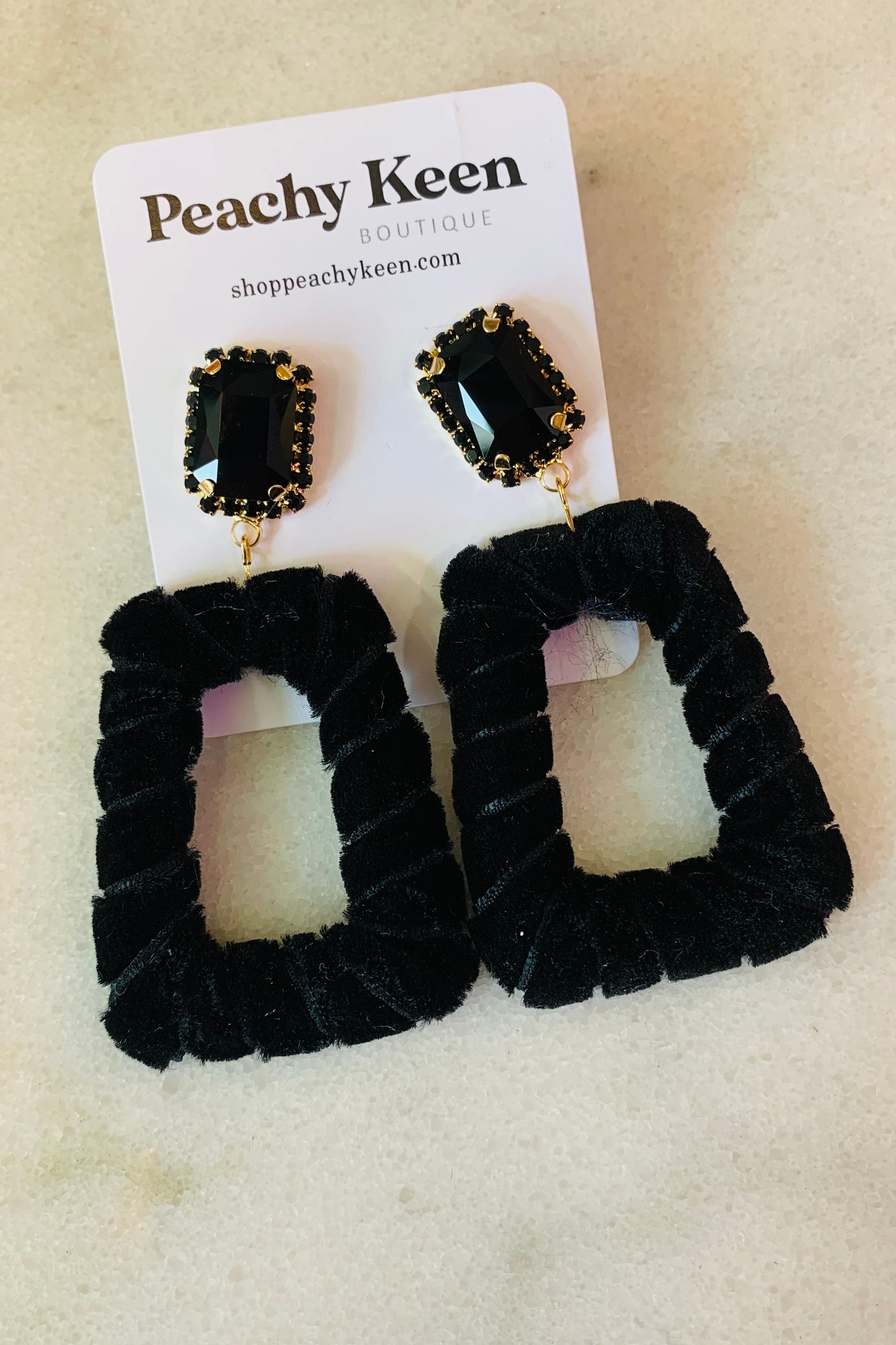 Taylor Velvet Rhinestone Earrings, Black-Jewelry - Earrings-Qingdao Dadongsheng Jewelry Co.-Peachy Keen Boutique, Women's Fashion Boutique, Located in Cape Girardeau and Dexter, MO