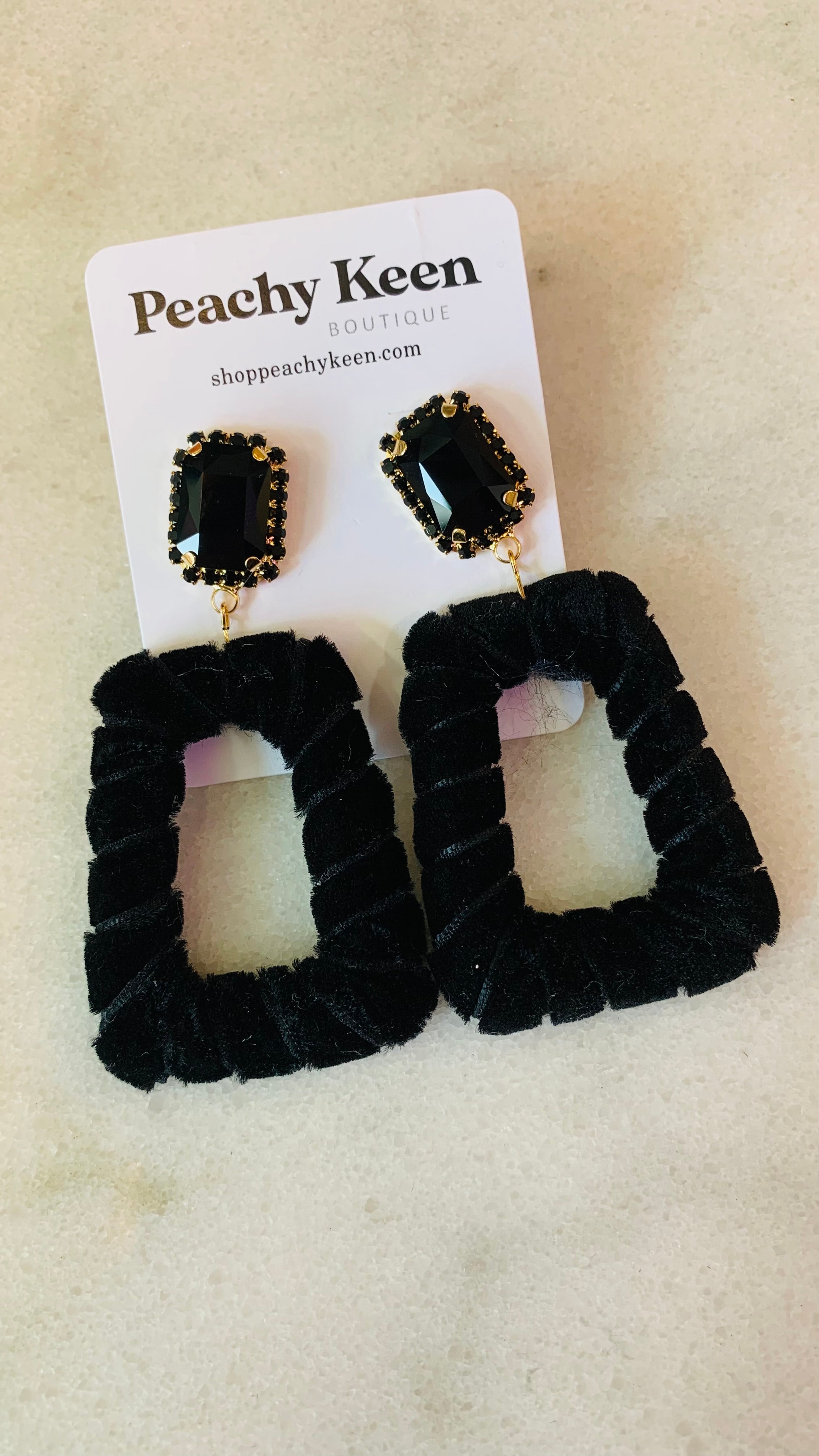 Taylor Velvet Rhinestone Earrings, Black-Jewelry - Earrings-Qingdao Dadongsheng Jewelry Co.-Peachy Keen Boutique, Women's Fashion Boutique, Located in Cape Girardeau and Dexter, MO