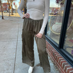 Olive Satin Cargo Pants-Bottoms - Pants-Aureum-Peachy Keen Boutique, Women's Fashion Boutique, Located in Cape Girardeau and Dexter, MO