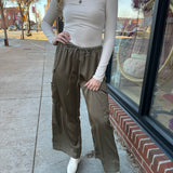 Olive Satin Cargo Pants-Bottoms - Pants-Aureum-Peachy Keen Boutique, Women's Fashion Boutique, Located in Cape Girardeau and Dexter, MO