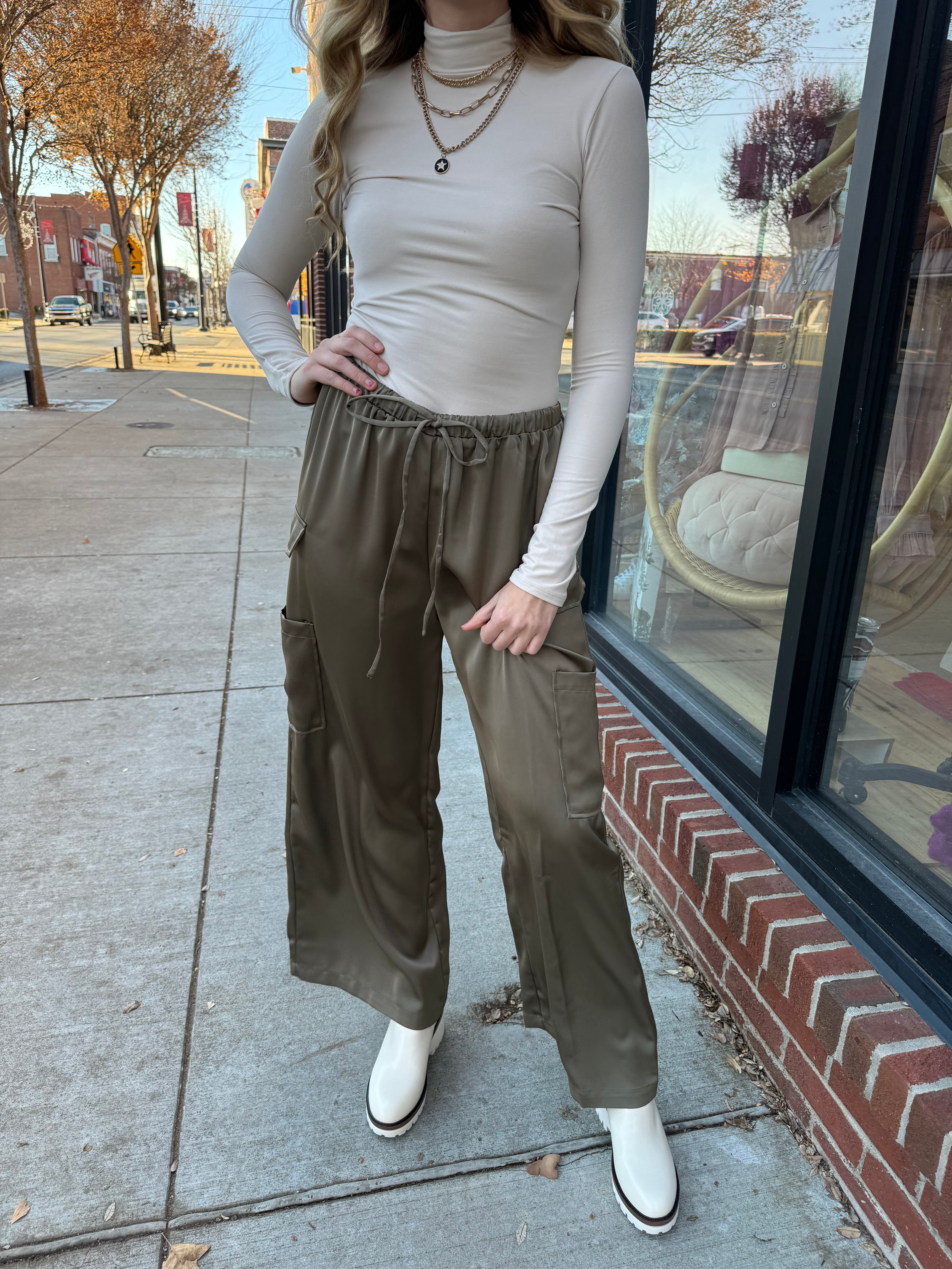 Olive Satin Cargo Pants-Bottoms - Pants-Aureum-Peachy Keen Boutique, Women's Fashion Boutique, Located in Cape Girardeau and Dexter, MO