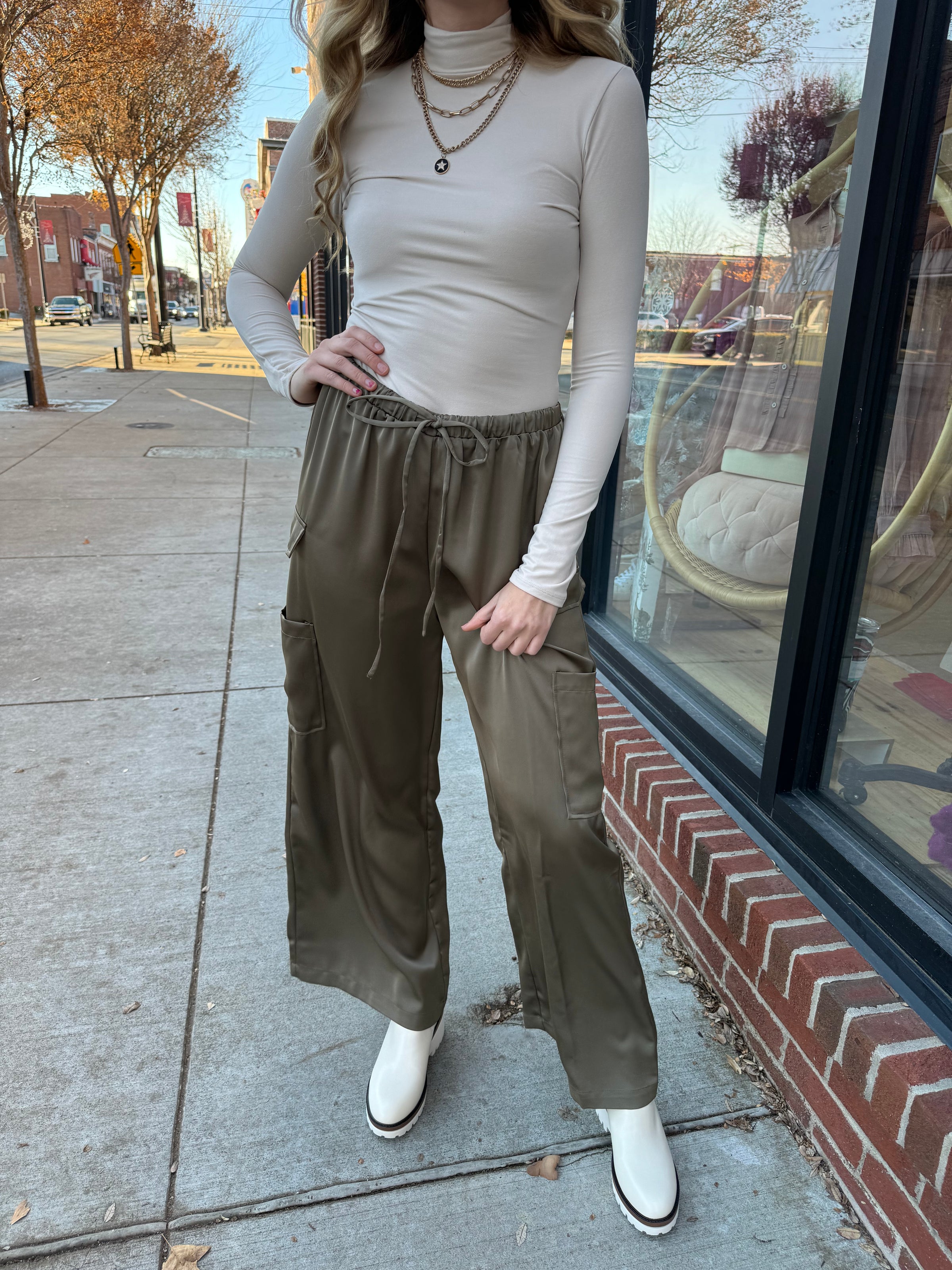 Olive Satin Cargo Pants-pants-Aureum-Peachy Keen Boutique, Women's Fashion Boutique, Located in Cape Girardeau and Dexter, MO