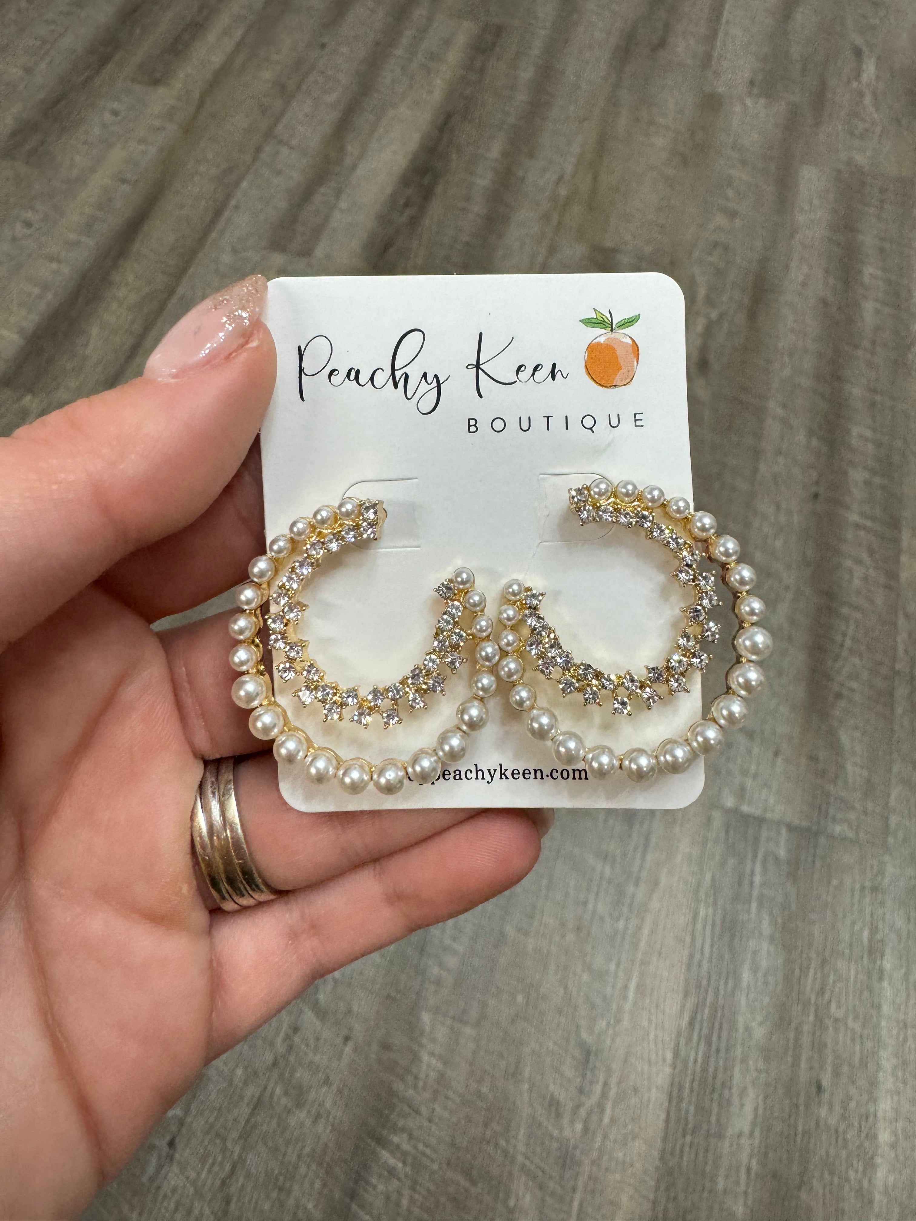 Crystal and Pearl Half Hoop Earrings-Jewelry - Earrings-Golden Stella-Peachy Keen Boutique, Women's Fashion Boutique, Located in Cape Girardeau and Dexter, MO