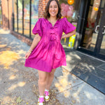 Braylynn Magenta Bow Puff Sleeve Dress-Dresses-Entro-Peachy Keen Boutique, Women's Fashion Boutique, Located in Cape Girardeau and Dexter, MO