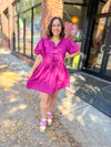 Braylynn Magenta Bow Puff Sleeve Dress-Dresses-Entro-Peachy Keen Boutique, Women's Fashion Boutique, Located in Cape Girardeau and Dexter, MO