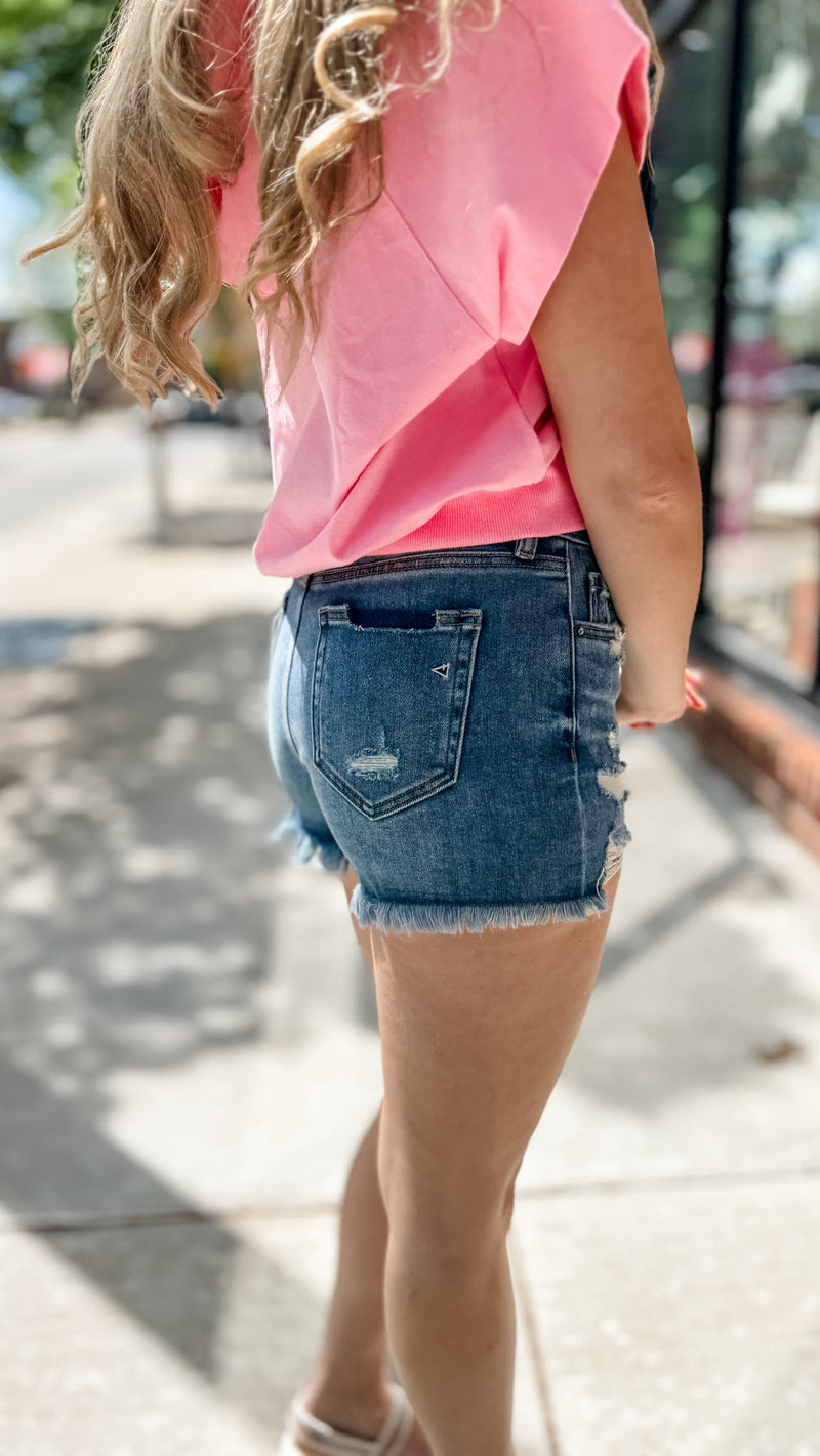 Hidden | Kenzie Dark Blue Distressed Mid Rise Denim Shorts-200 Shorts/Skirts-Hidden-Peachy Keen Boutique, Women's Fashion Boutique, Located in Cape Girardeau and Dexter, MO
