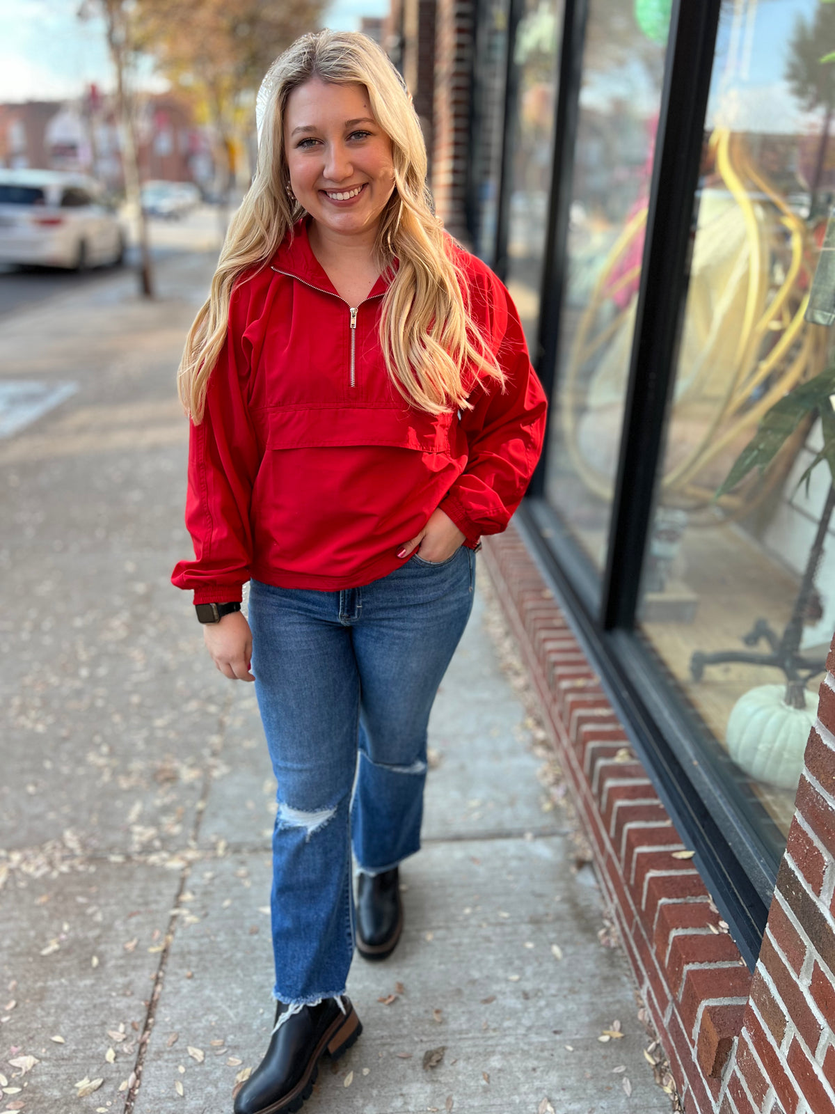 Red Quarter Zip Windbreaker Hoodie-150 Hoodies/Pullovers-LA BIZ-Peachy Keen Boutique, Women's Fashion Boutique, Located in Cape Girardeau and Dexter, MO
