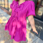 Braylynn Magenta Bow Puff Sleeve Dress-Dresses-Entro-Peachy Keen Boutique, Women's Fashion Boutique, Located in Cape Girardeau and Dexter, MO