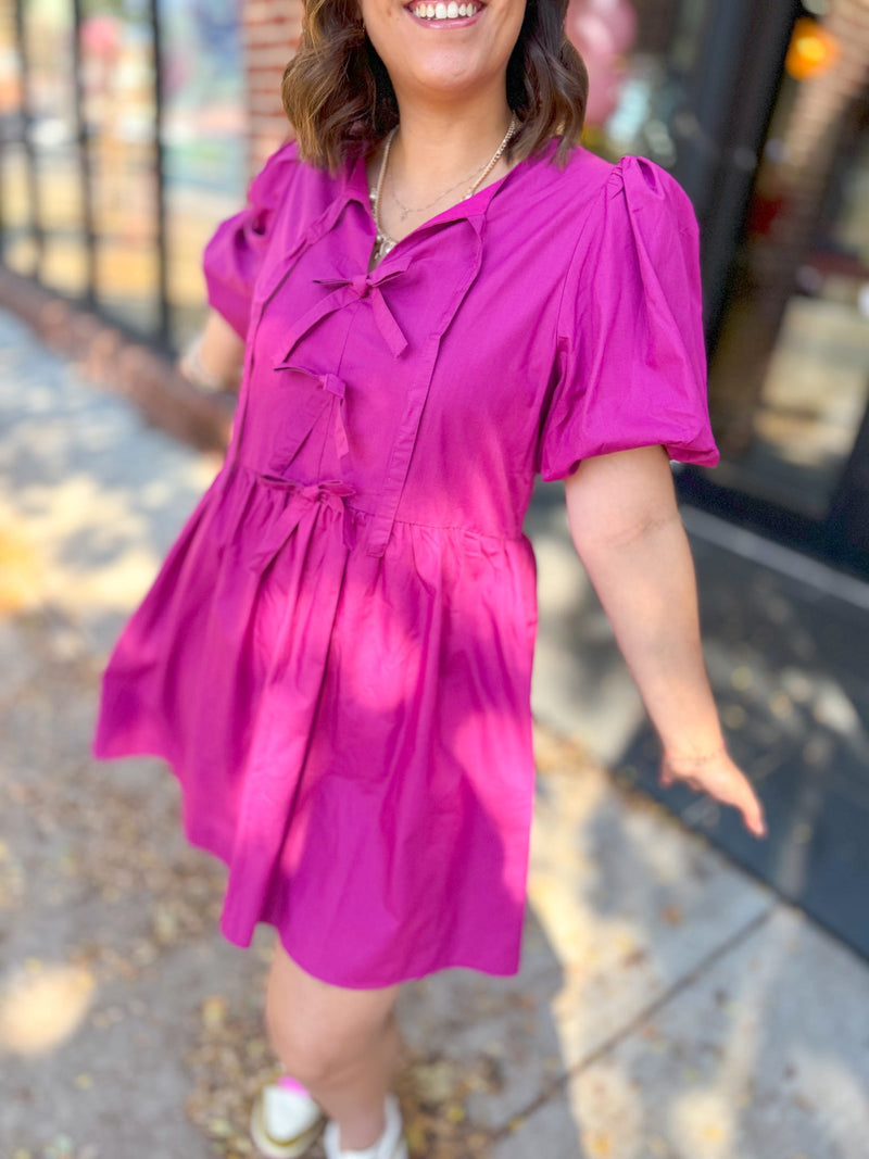 Braylynn Magenta Bow Puff Sleeve Dress-Dresses-Entro-Peachy Keen Boutique, Women's Fashion Boutique, Located in Cape Girardeau and Dexter, MO