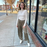 Olive Satin Cargo Pants-Bottoms - Pants-Aureum-Peachy Keen Boutique, Women's Fashion Boutique, Located in Cape Girardeau and Dexter, MO