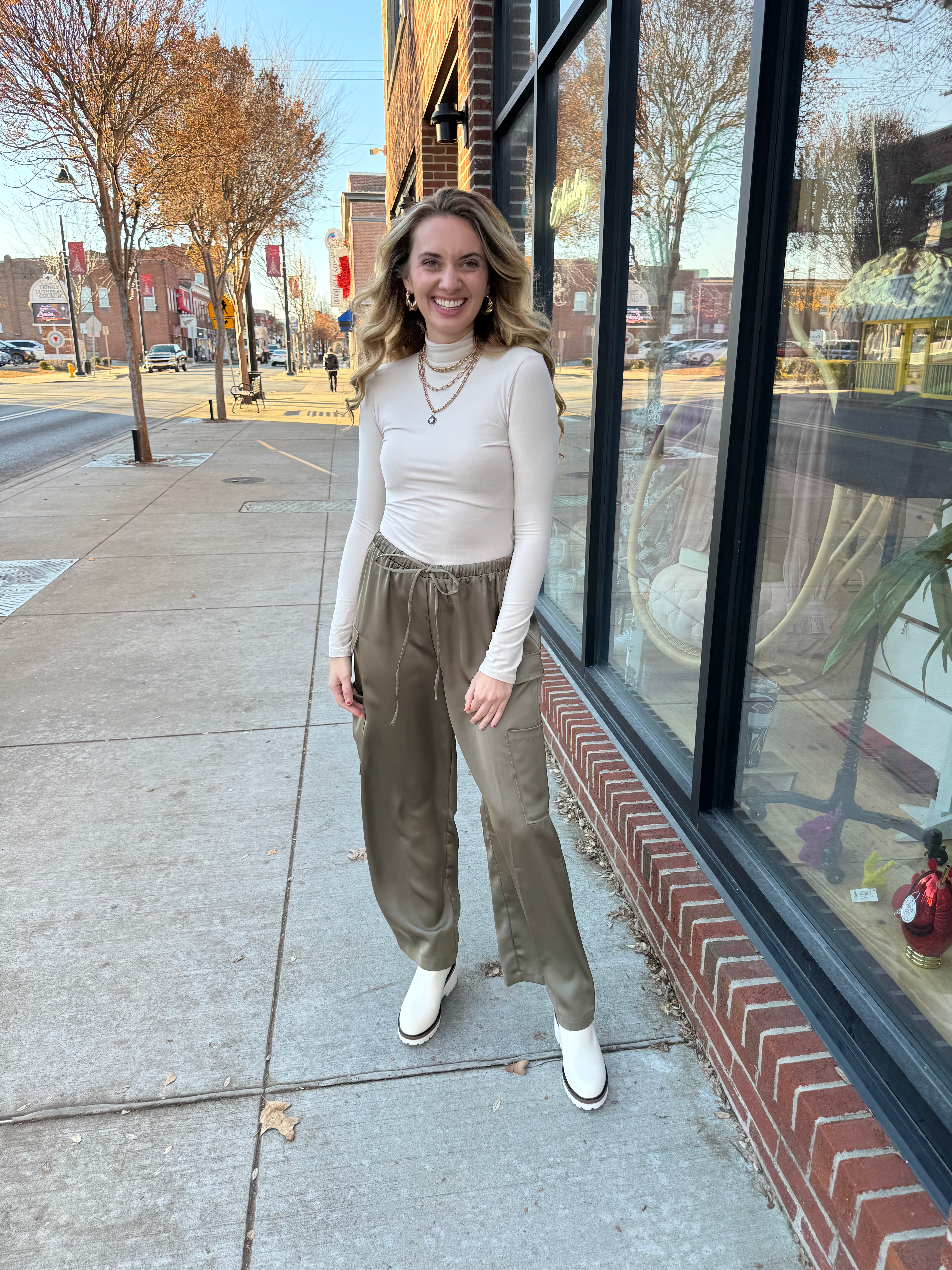 Olive Satin Cargo Pants-Bottoms - Pants-Aureum-Peachy Keen Boutique, Women's Fashion Boutique, Located in Cape Girardeau and Dexter, MO