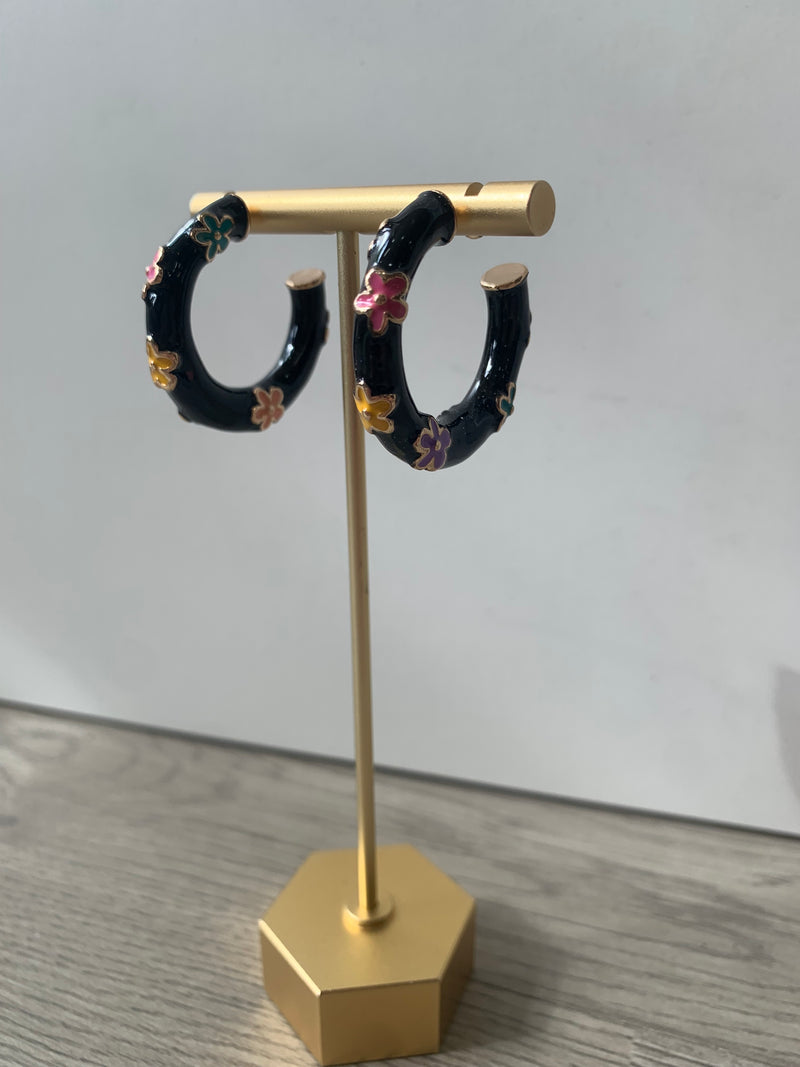 Black Colorful Flower Hoops-earrings-Golden Stella-Peachy Keen Boutique, Women's Fashion Boutique, Located in Cape Girardeau and Dexter, MO