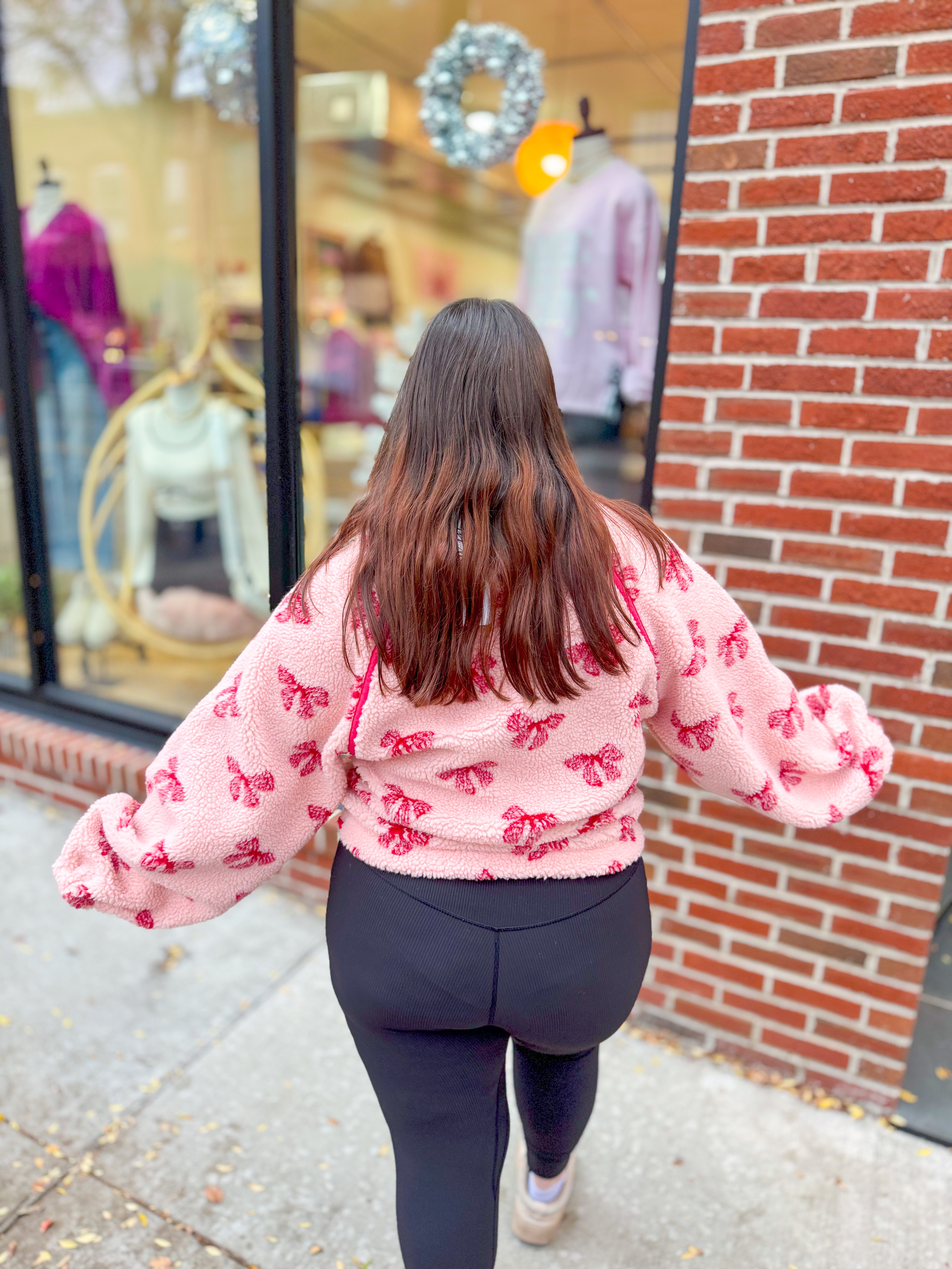 Sherpa Bow Half Zip Pullover-Tops - Sweaters-Very J-Peachy Keen Boutique, Women's Fashion Boutique, Located in Cape Girardeau and Dexter, MO