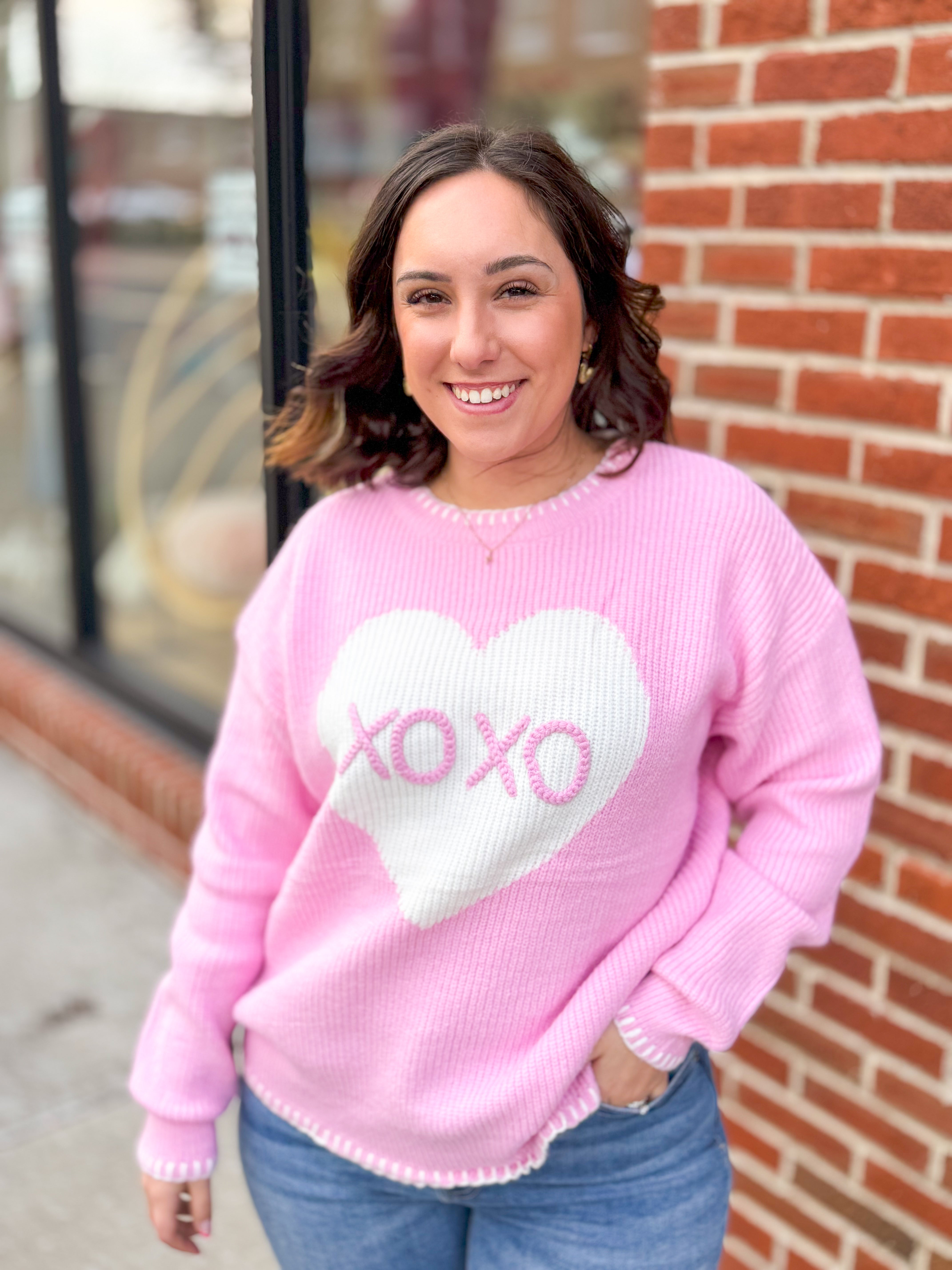 XOXO Pink Heart Sweater-Tops - Sweaters-Main Strip-Peachy Keen Boutique, Women's Fashion Boutique, Located in Cape Girardeau and Dexter, MO