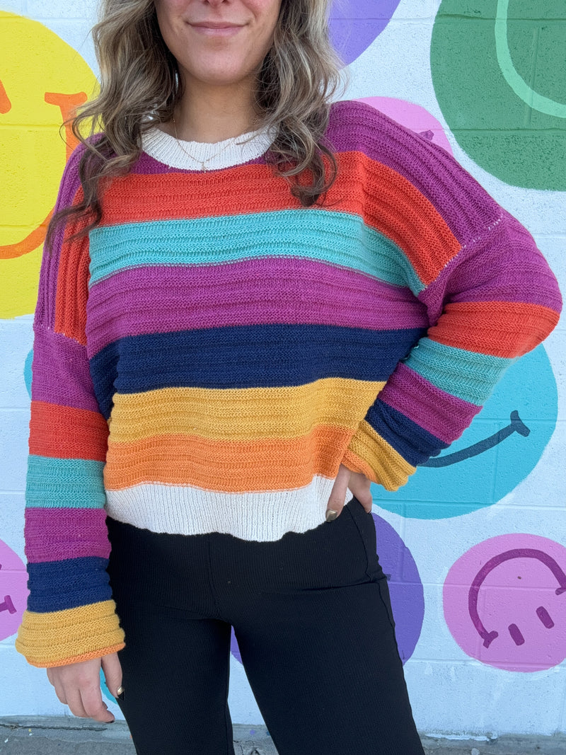 Cozy Mutli Color Stripe Bubble Sleeve Sweater-Shirts & Tops-mello-Peachy Keen Boutique, Women's Fashion Boutique, Located in Cape Girardeau and Dexter, MO