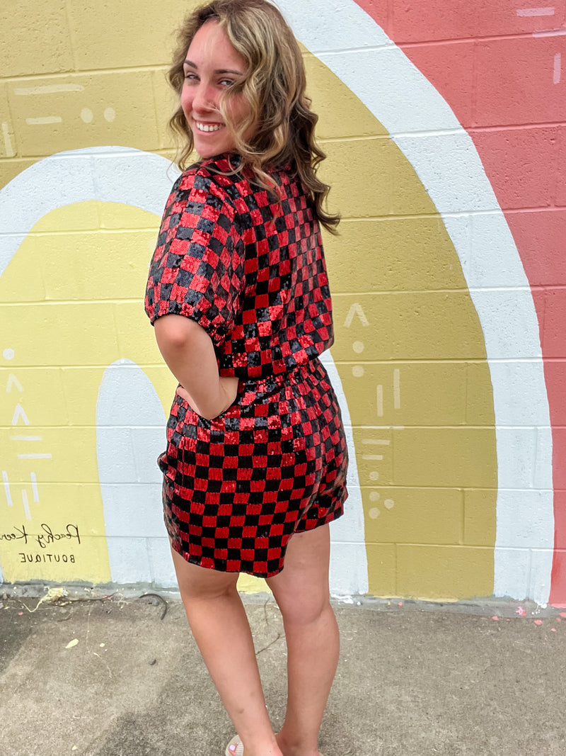 Red and Black Sequin Checkered Shorts