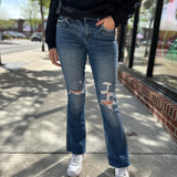 Flying Monkey | Mid Rise Medium Dark Wash Lightly Distressed Bootcut Denim Jeans-Bottoms - Denim-Flying Monkey-Peachy Keen Boutique, Women's Fashion Boutique, Located in Cape Girardeau and Dexter, MO