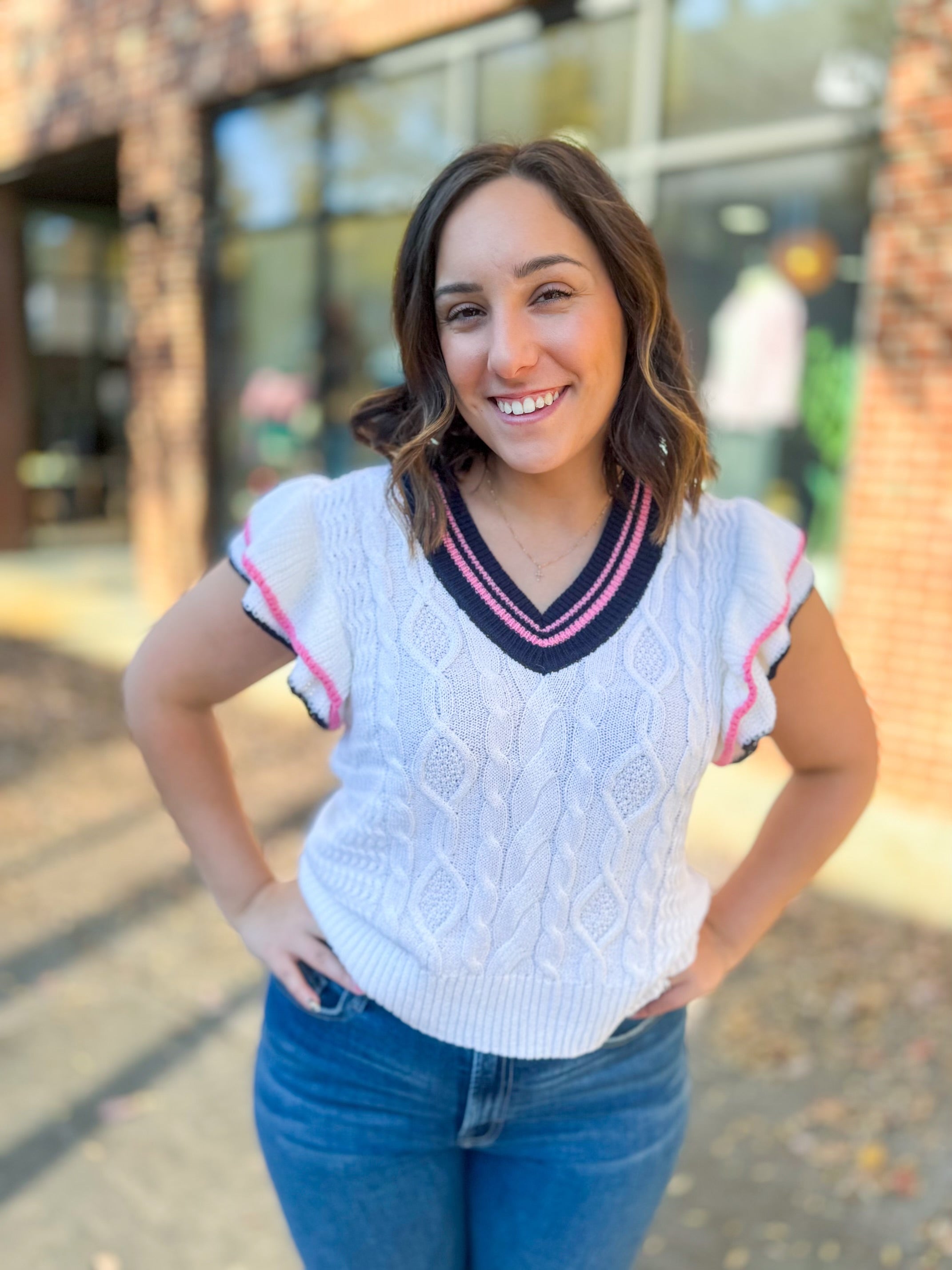 Pink & Black Ruffle Trim Sweater Vest-Tops-Day + Moon-Peachy Keen Boutique, Women's Fashion Boutique, Located in Cape Girardeau and Dexter, MO