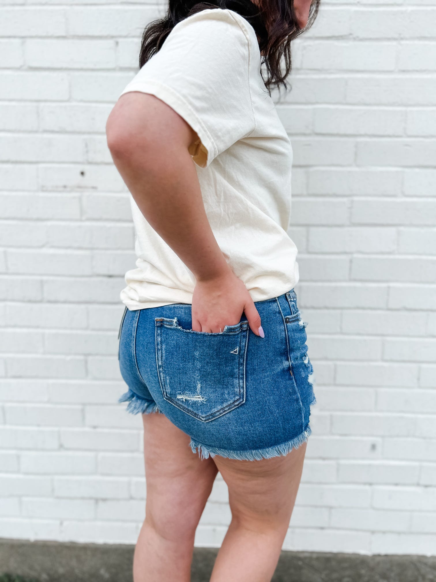 Hidden | Kenzie Dark Blue Distressed Mid Rise Denim Shorts-Bottoms - Shorts-Hidden-Peachy Keen Boutique, Women's Fashion Boutique, Located in Cape Girardeau and Dexter, MO