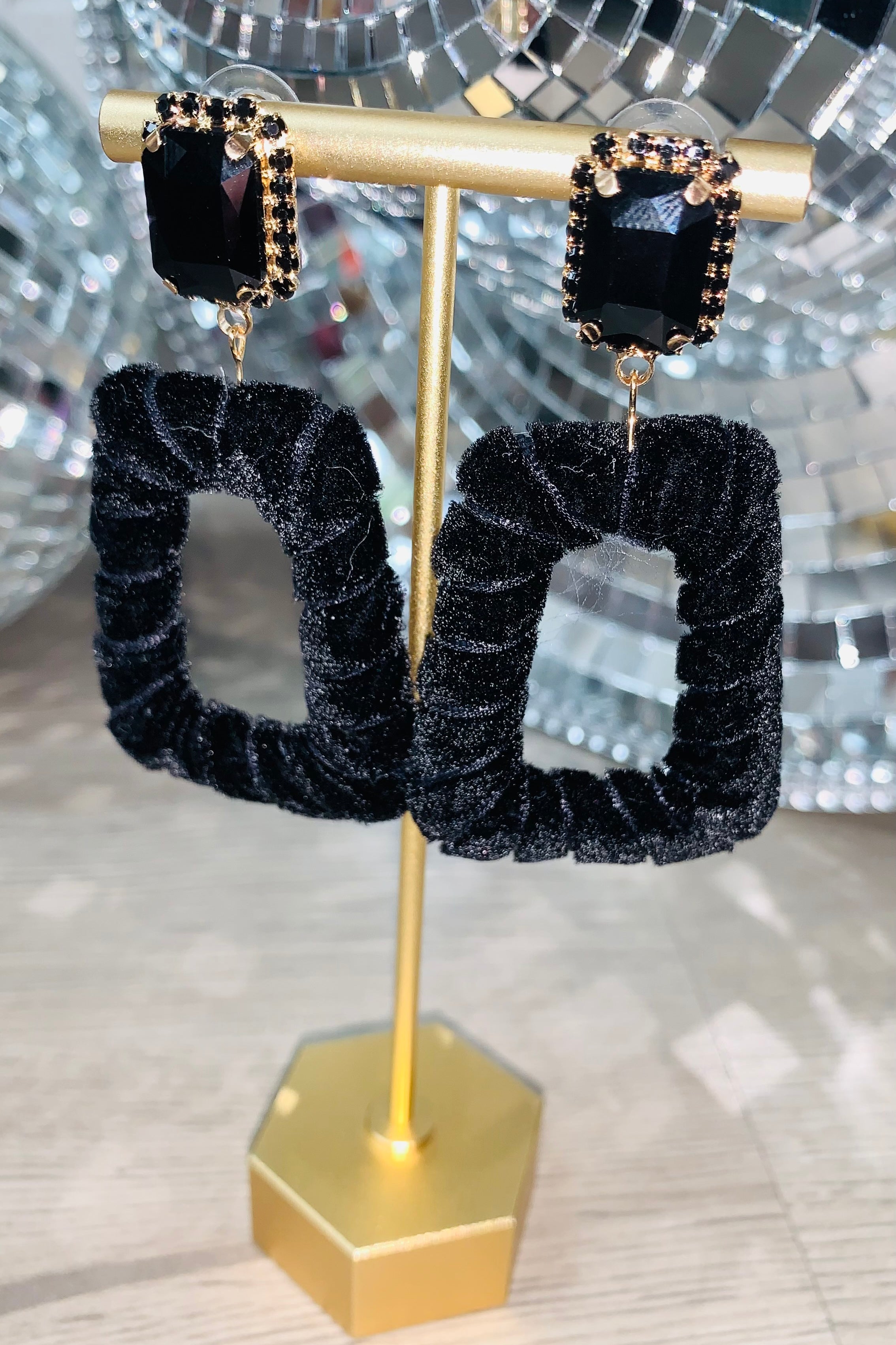 Taylor Velvet Rhinestone Earrings, Black-Jewelry - Earrings-Qingdao Dadongsheng Jewelry Co.-Peachy Keen Boutique, Women's Fashion Boutique, Located in Cape Girardeau and Dexter, MO