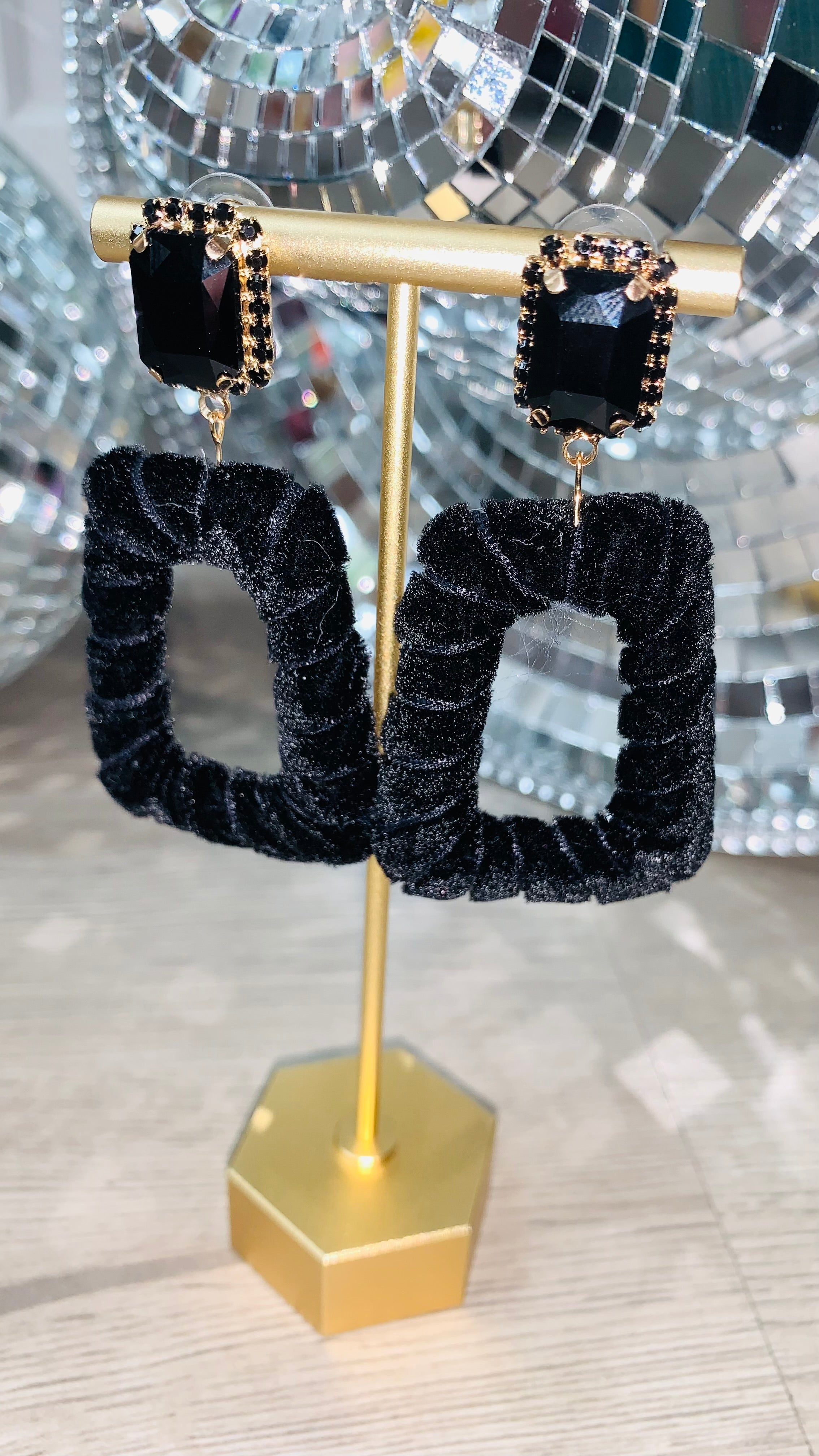 Taylor Velvet Rhinestone Earrings, Black-Jewelry - Earrings-Qingdao Dadongsheng Jewelry Co.-Peachy Keen Boutique, Women's Fashion Boutique, Located in Cape Girardeau and Dexter, MO