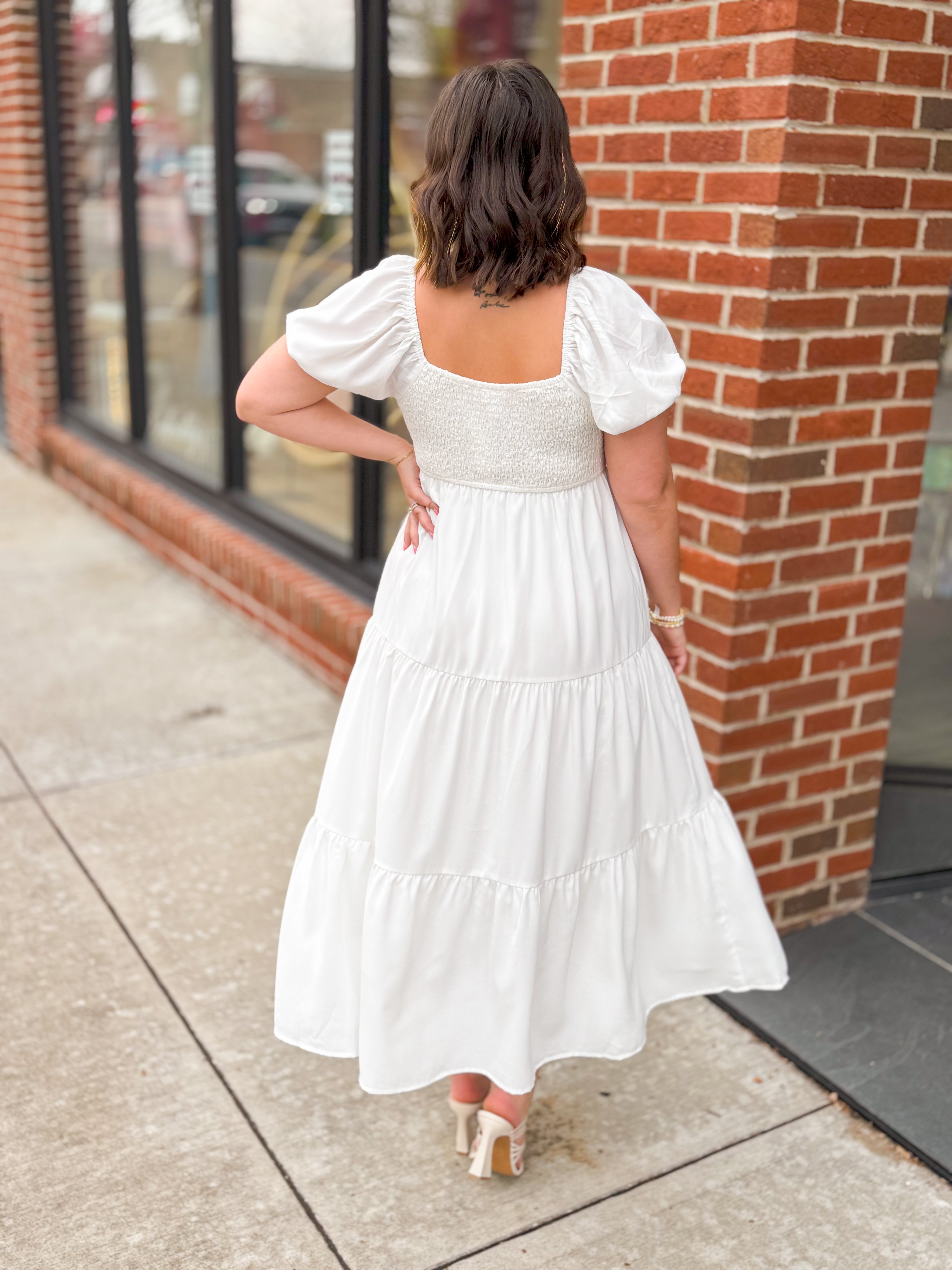 White Tiered Midi Dress-Dresses-Le LIs-Peachy Keen Boutique, Women's Fashion Boutique, Located in Cape Girardeau and Dexter, MO