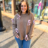 Brown Sweater with Pink Bows-Tops - Sweaters-Le LIs-Peachy Keen Boutique, Women's Fashion Boutique, Located in Cape Girardeau and Dexter, MO