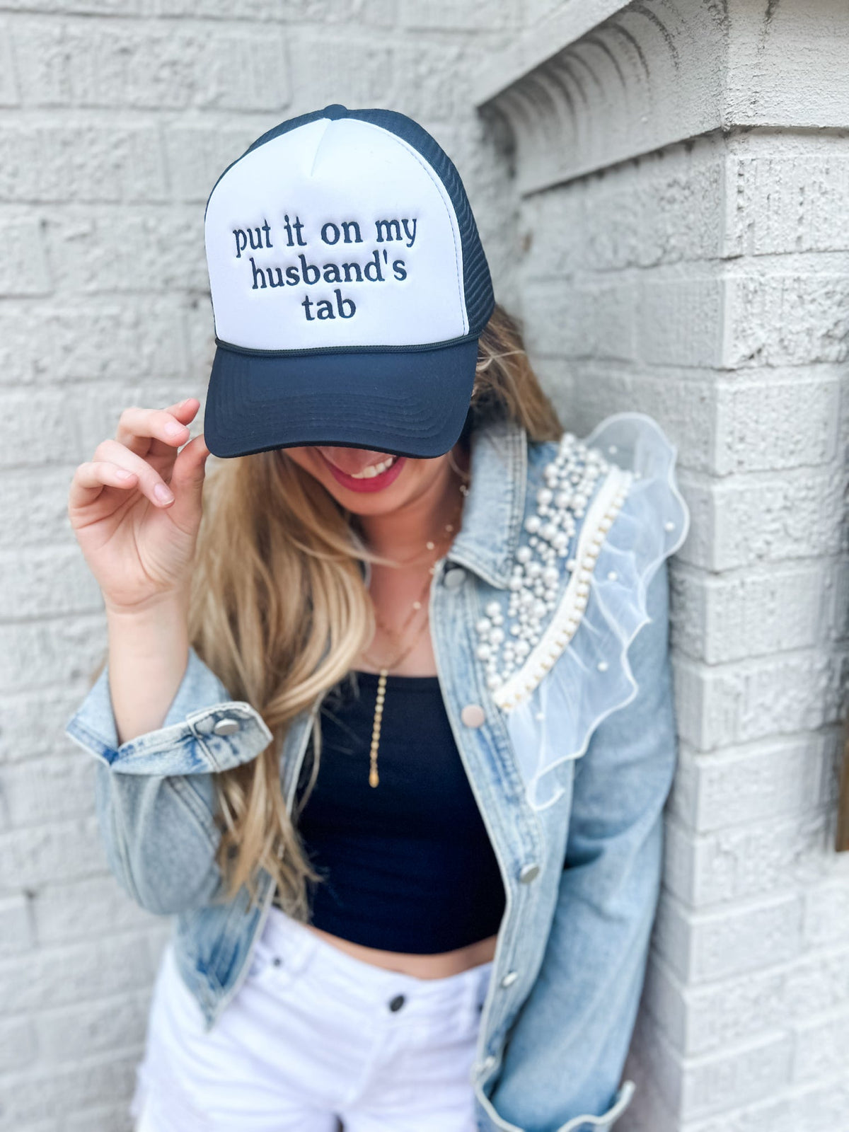 Put it on my Husband’s Tab Embroidered Trucker Hat-243 Custom-Peachy Keen Boutique-Peachy Keen Boutique, Women's Fashion Boutique, Located in Cape Girardeau and Dexter, MO