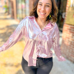 Regina Metallic Pink Button Up Top-Tops - Blouses-Main Strip-Peachy Keen Boutique, Women's Fashion Boutique, Located in Cape Girardeau and Dexter, MO