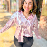 Regina Metallic Pink Button Up Top-Tops - Blouses-Main Strip-Peachy Keen Boutique, Women's Fashion Boutique, Located in Cape Girardeau and Dexter, MO