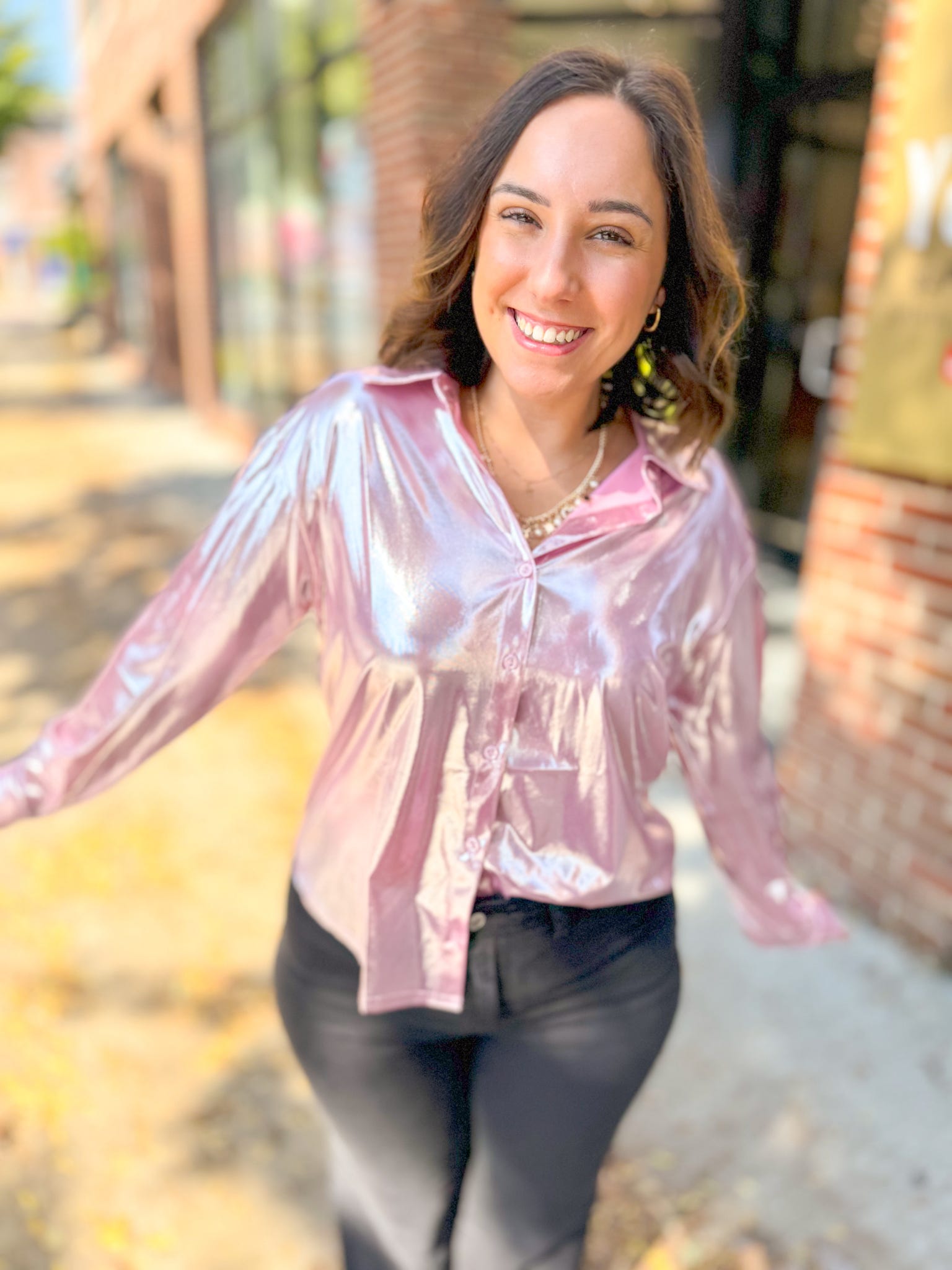 Regina Metallic Pink Button Up Top-Tops - Blouses-Main Strip-Peachy Keen Boutique, Women's Fashion Boutique, Located in Cape Girardeau and Dexter, MO