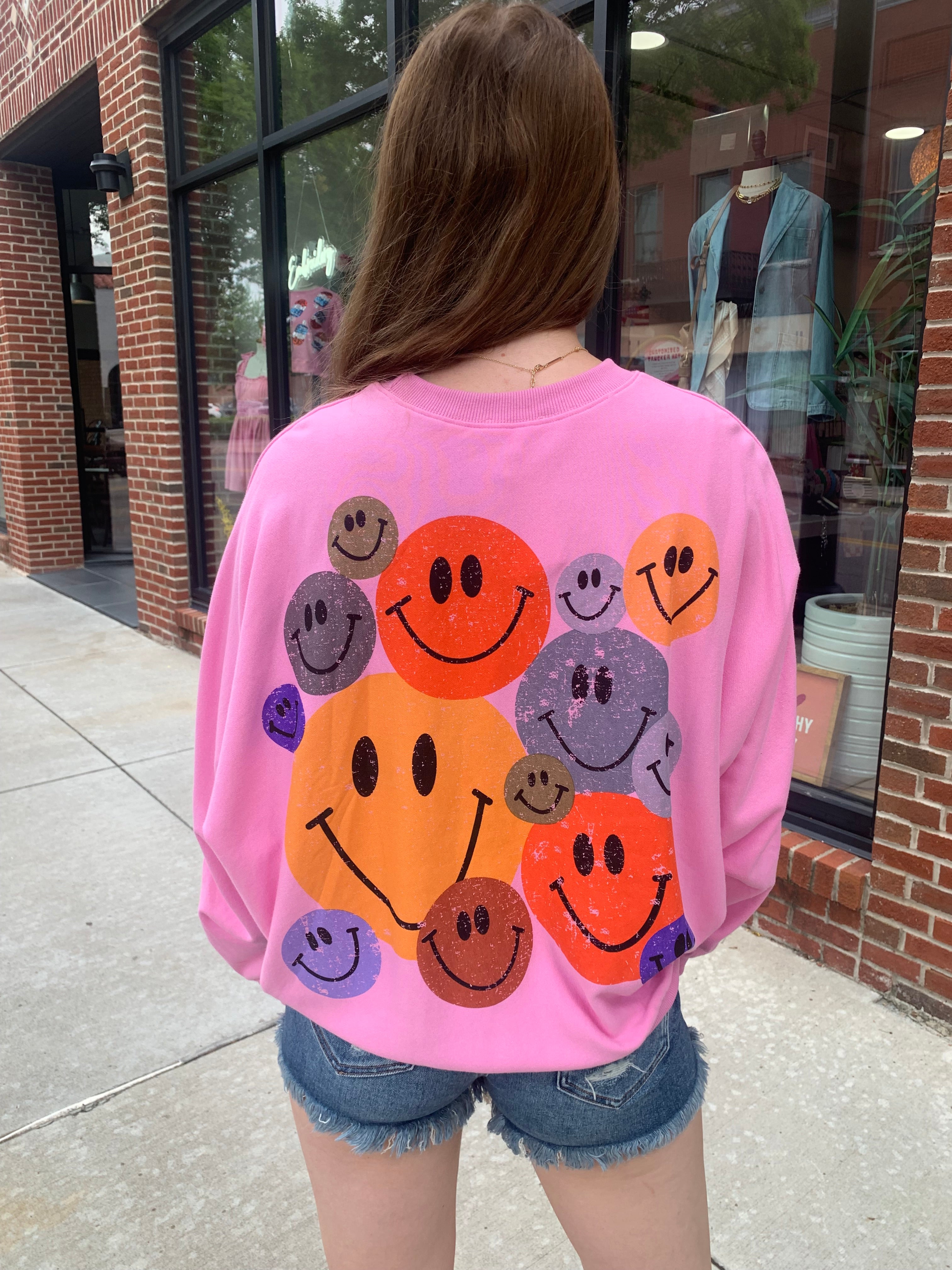 Pink Happy Face Crewneck Sweatshirt-Tops - Sweatshirts-Easel-Peachy Keen Boutique, Women's Fashion Boutique, Located in Cape Girardeau and Dexter, MO