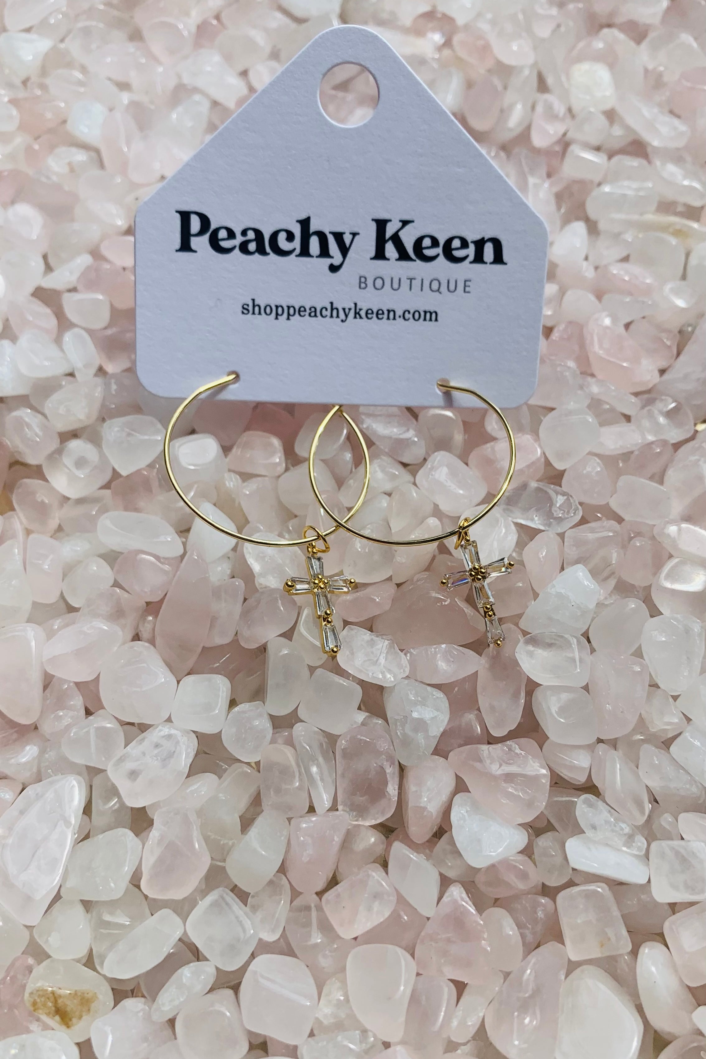 Mary Gold Hoop Cross Earrings-Jewelry - Earrings-Haute Mess Jewelry-Peachy Keen Boutique, Women's Fashion Boutique, Located in Cape Girardeau and Dexter, MO