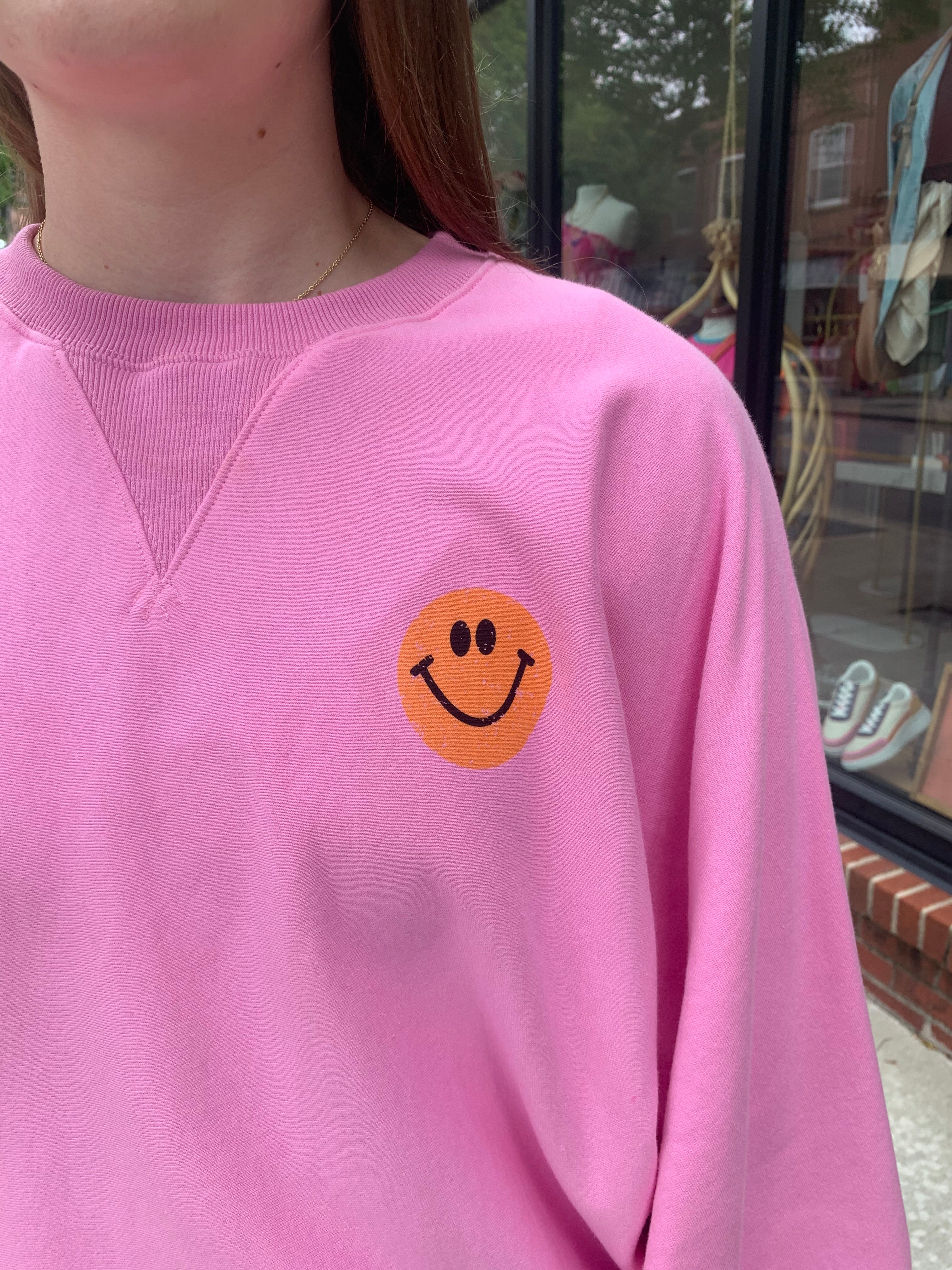 Pink Happy Face Crewneck Sweatshirt-Tops - Sweatshirts-Easel-Peachy Keen Boutique, Women's Fashion Boutique, Located in Cape Girardeau and Dexter, MO