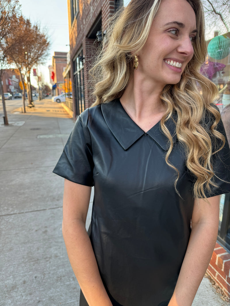 Black Leather Cup Sleeve Dress-182 Dressy Dress-Molly Bracken-Peachy Keen Boutique, Women's Fashion Boutique, Located in Cape Girardeau and Dexter, MO