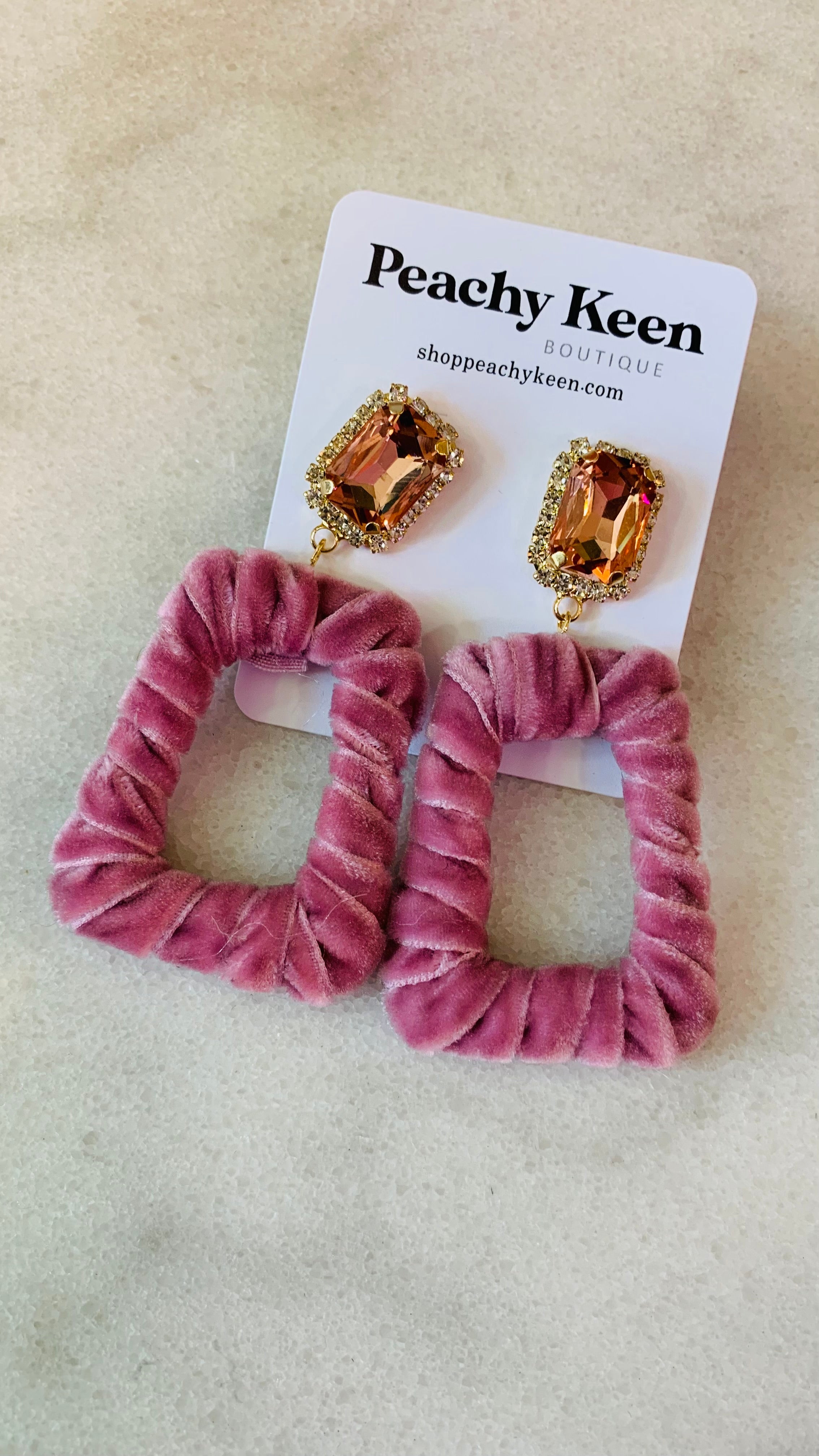 Taylor Velvet Rhinestone Earrings, Blush-Jewelry - Earrings-Qingdao Dadongsheng Jewelry Co.-Peachy Keen Boutique, Women's Fashion Boutique, Located in Cape Girardeau and Dexter, MO